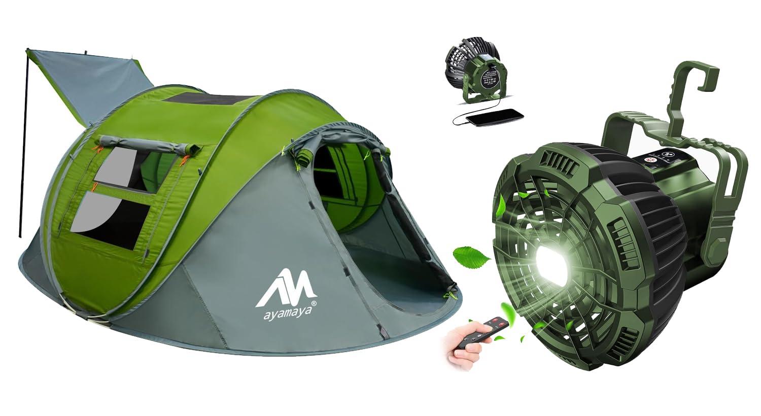 4 Person Pop Up Tent with Rechargeable Waterproof Camping Fan & LED Lights - Remote Control for Outdoor Adventures, Backpacking, and Family Camping Trips