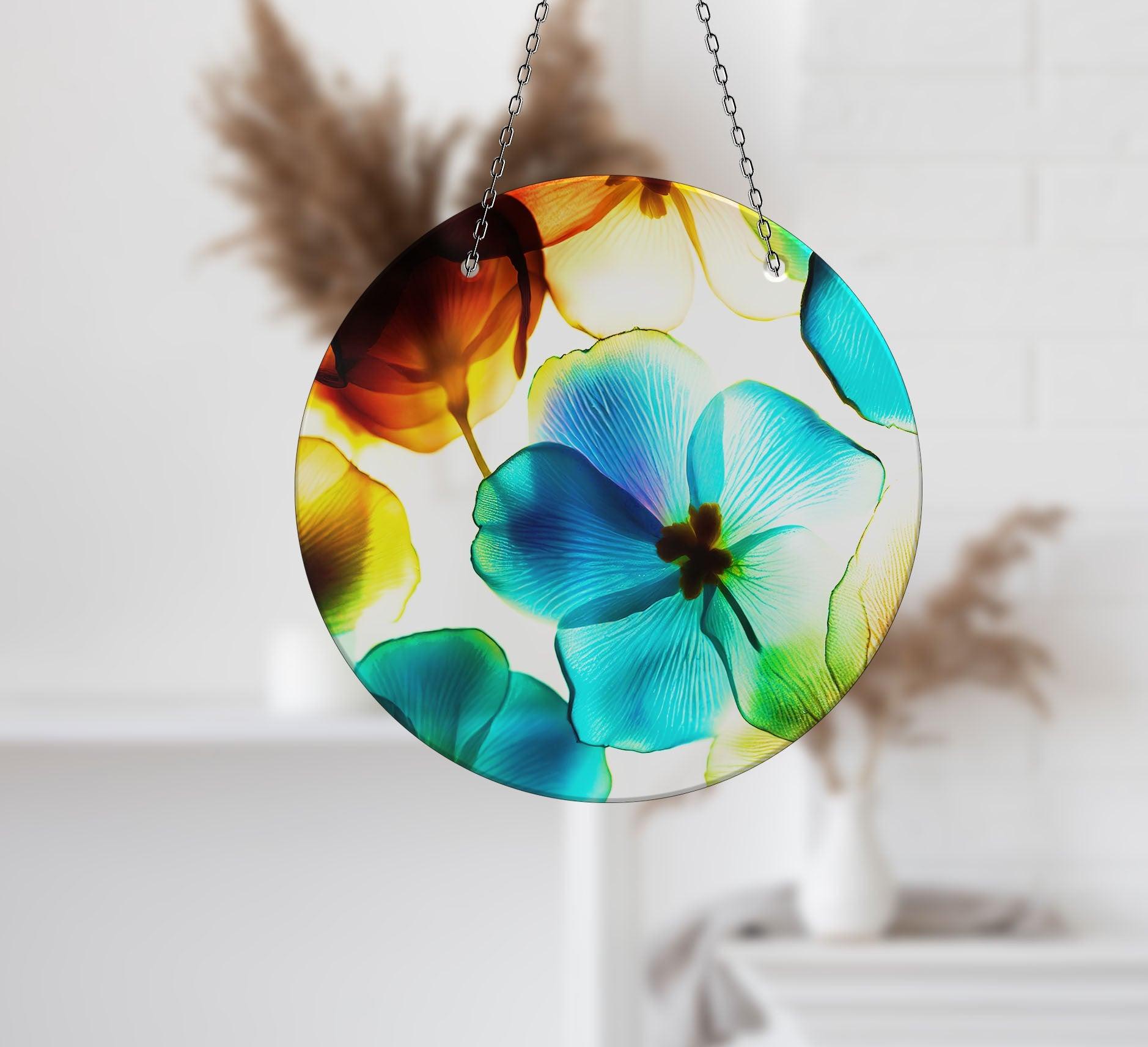 Vibrant Blue & Orange Flower Suncatcher - Handmade Stained Glass Window Decor for Home, Office & Garden - Perfect for Living Room, Bedroom & Outdoor Spaces