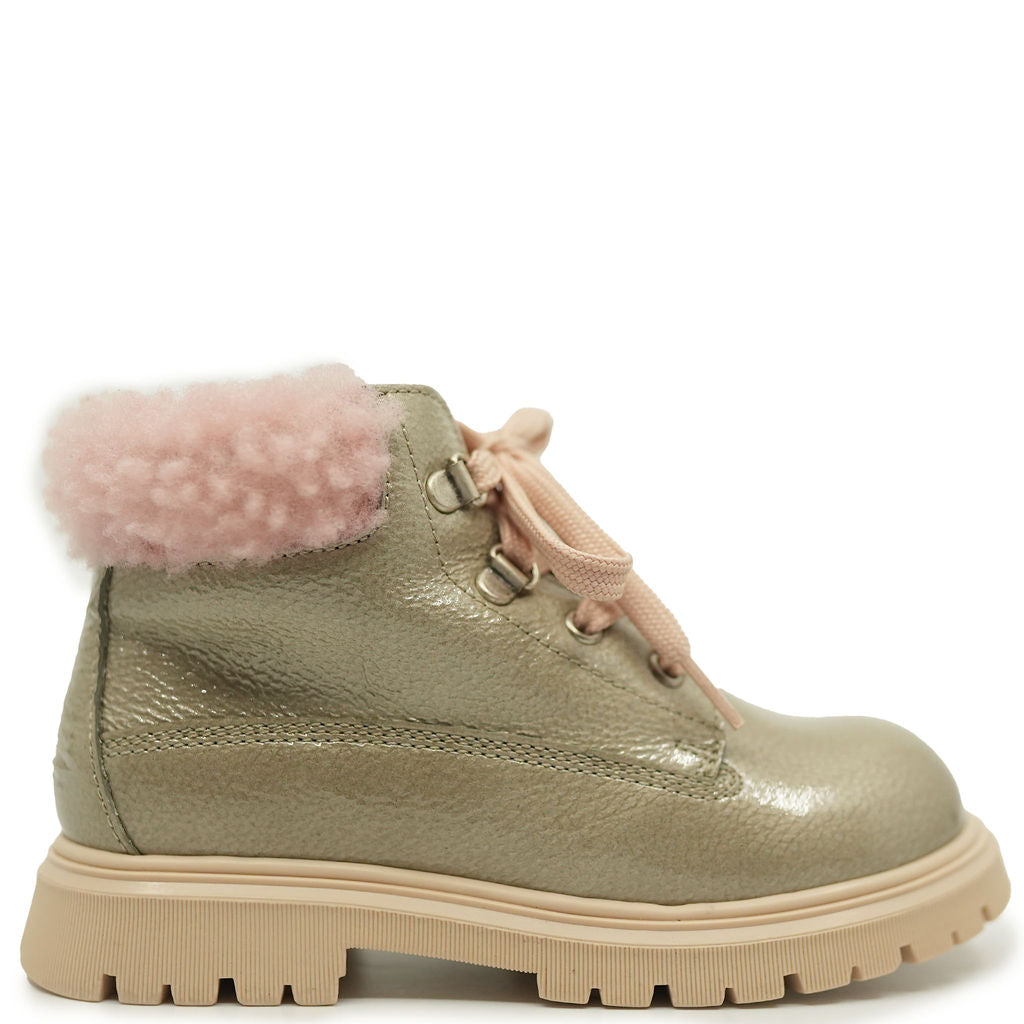 Rondinella Women's Taupe Patent Leather & Pink Shearling Booties - Stylish Winter Ankle Boots for Casual Outfits and Office Wear