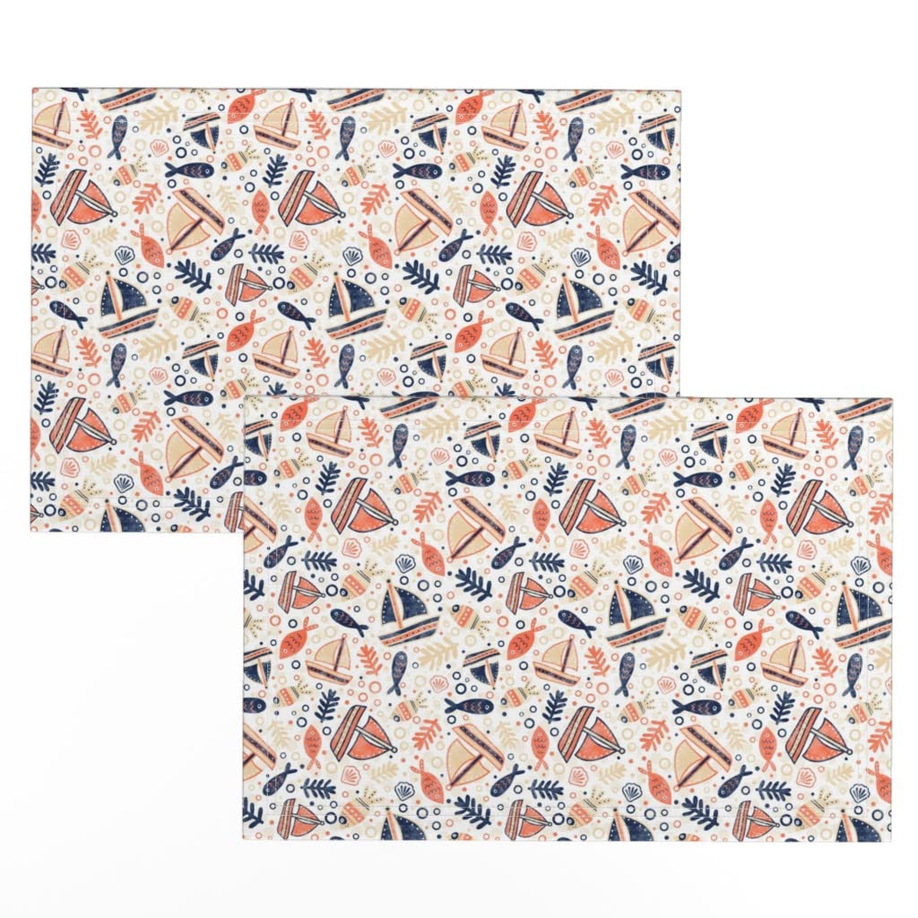 Sailing Adventure Scatter Fish Print Linen Cotton Canvas Placemats Set of 2 - Navy, Sand & Tan Coral Table Mats for Dining, Kitchen Decor & Party Settings