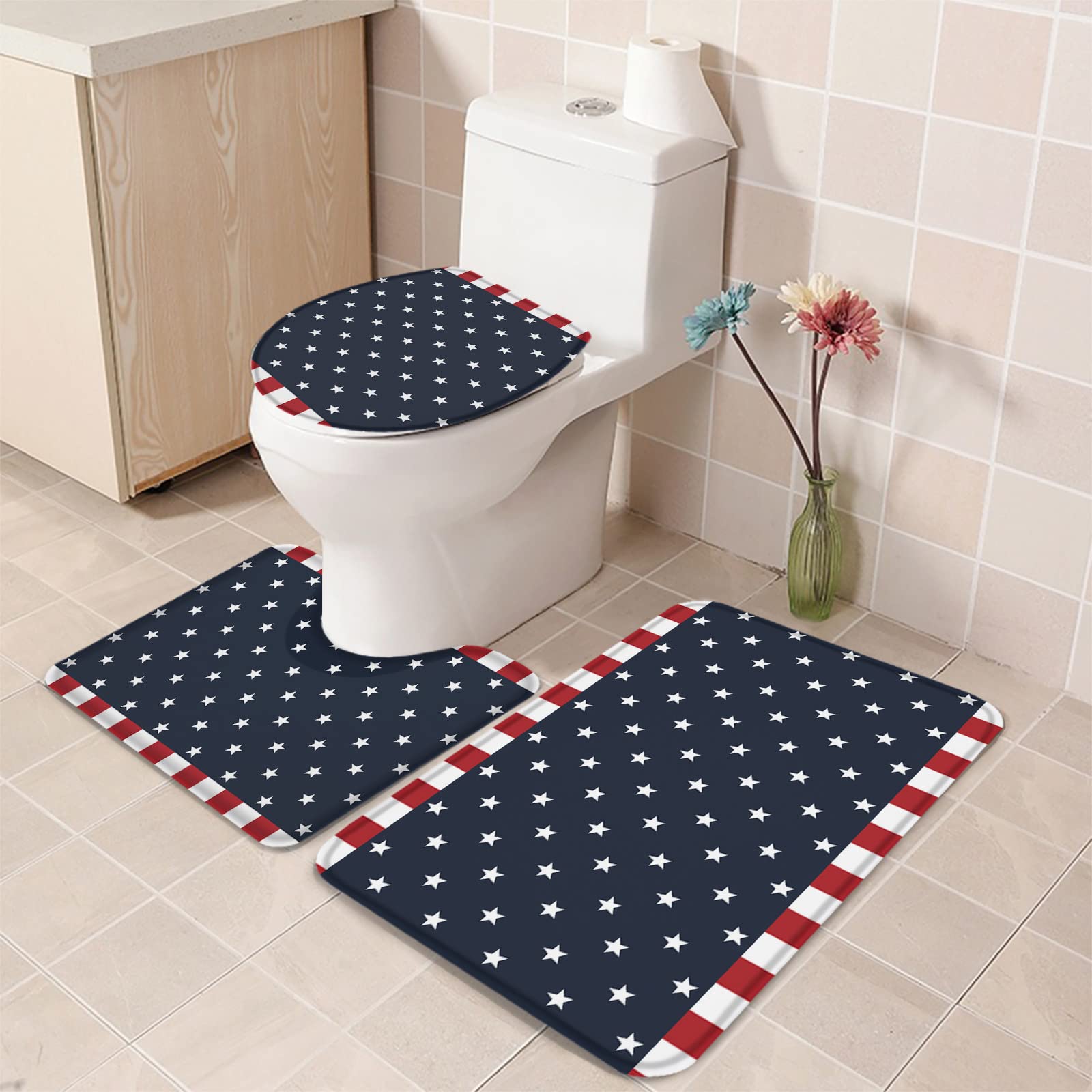 Savannan 3-Piece Bathroom Set - Patriotic American Flag Bath Rug, U-Shaped Toilet Mat & Lid Cover - Super Absorbent, Soft & Non-Slip Bath Mats for Independence Day Decor - Perfect for Bathroom, Guest Room & RV Use
