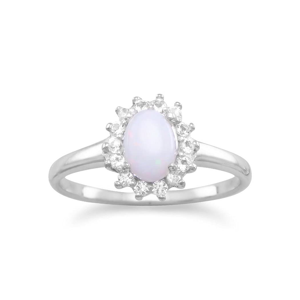 925 Sterling Silver Ring with 5mm x 7mm Australian Oval Opal & White Topaz - Elegant Jewelry Gift for Women (Sizes 5-10) - Perfect for Weddings, Anniversaries & Special Occasions