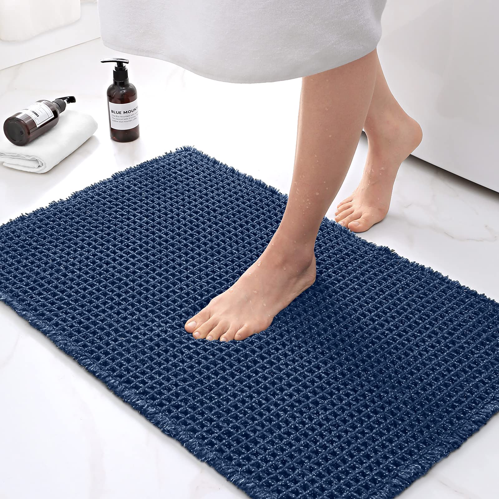 Soft Absorbent Washable Bathroom Rug - Non-Slip Shower Mat, Waffle Weave Sparkle Carpet 17.5x25.5 Inch Dark Blue - Perfect for Bathroom, Shower Room & Spa Decor