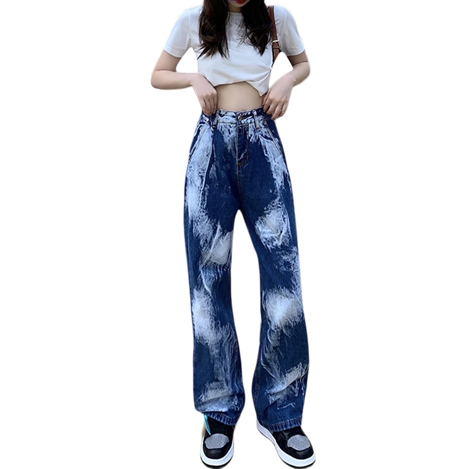 FOMOYUU Women's High Waist Loose Fit Printed Jeans - Y2K Vintage Straight Leg Wide Pants for Streetwear & Casual Outfits | Perfect for Daily Wear, Parties and Fashion Photoshoots