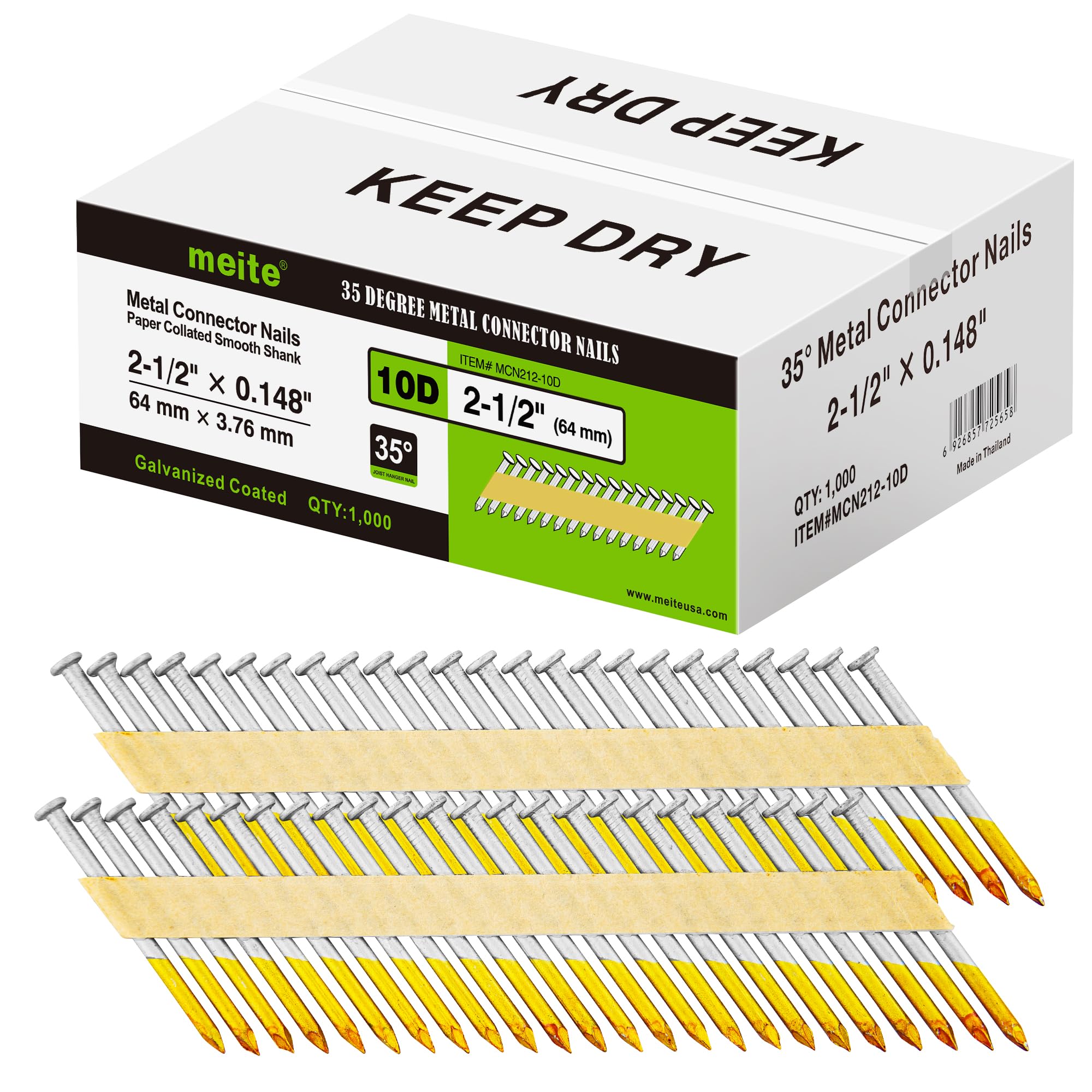 Meite 2-1/2 Inch Galvanized Joist Hanger Nails - 35 Degree Paper Tape Collated Smooth Shank Framing Nails for Metal Connector Nailers (1,000 Count) - Perfect for Roofing, Decking & Structural Framing Projects