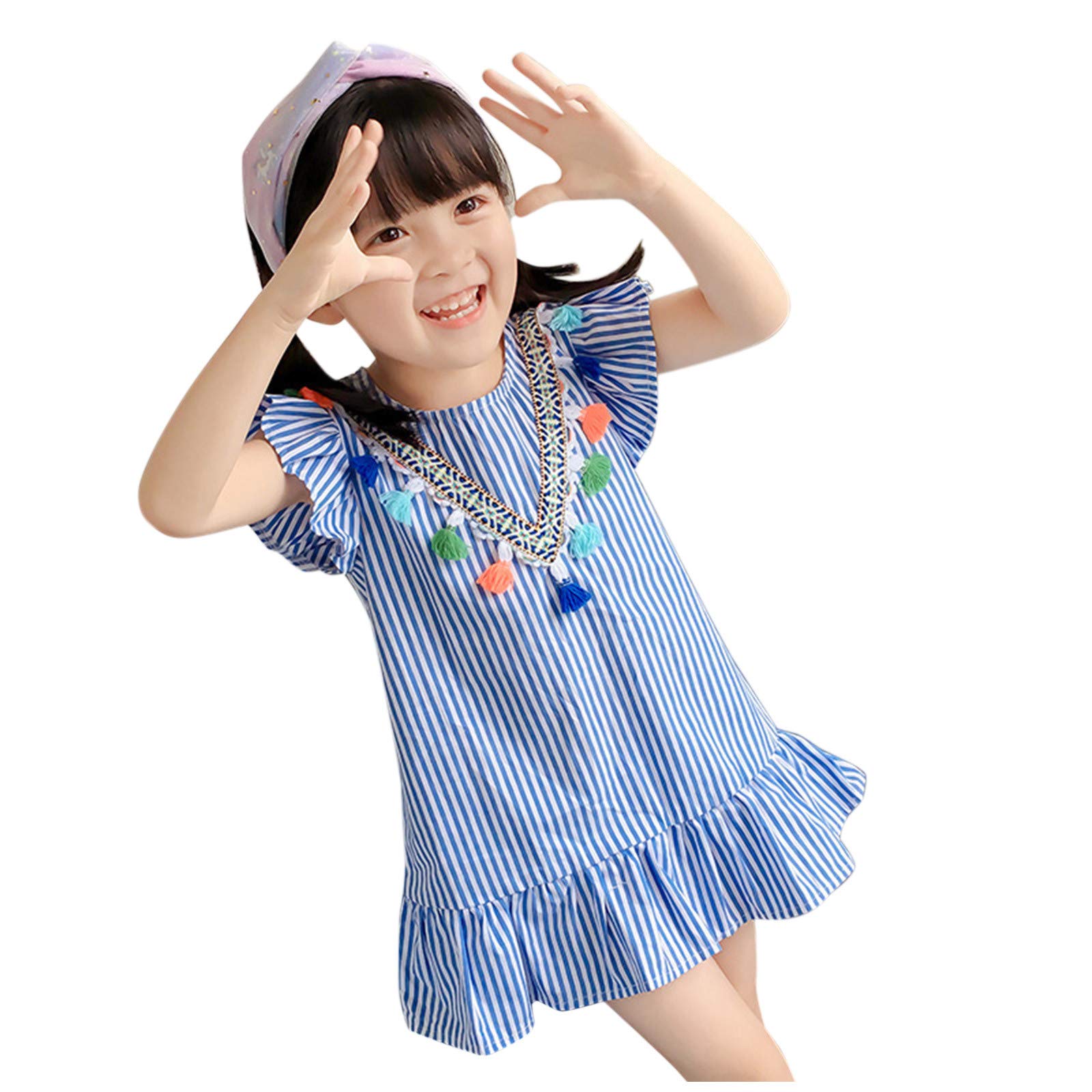 Ikevan Striped Tassel Princess Dress with Ruffles for Toddler Girls - Easter Outfit & Spring Photoshoot Baby Sleeve Dress & Skirt Set | Perfect for Birthday Parties, Easter Celebrations and Special Occasions