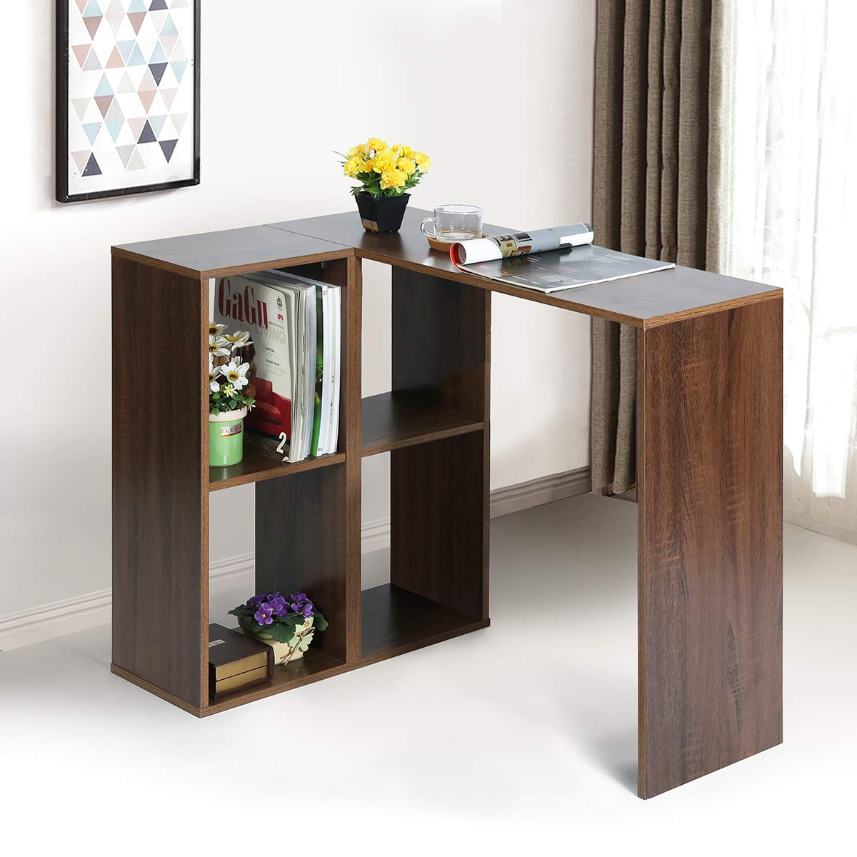 Brown L-Shape Desk with Open Storage - Spacious MDF Wood Home Office Desk with Extra Shelves - Perfect for Small Spaces, Gaming Setup & Workstation Organization