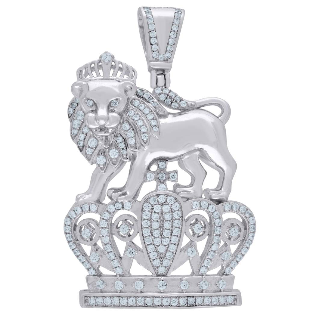 925 Sterling Silver Men's CZ Cubic Zirconia King Lion Crown Charm Pendant Necklace - 49.5x31.7mm Jewelry Gift for Him - Perfect for Birthdays, Anniversaries & Special Occasions