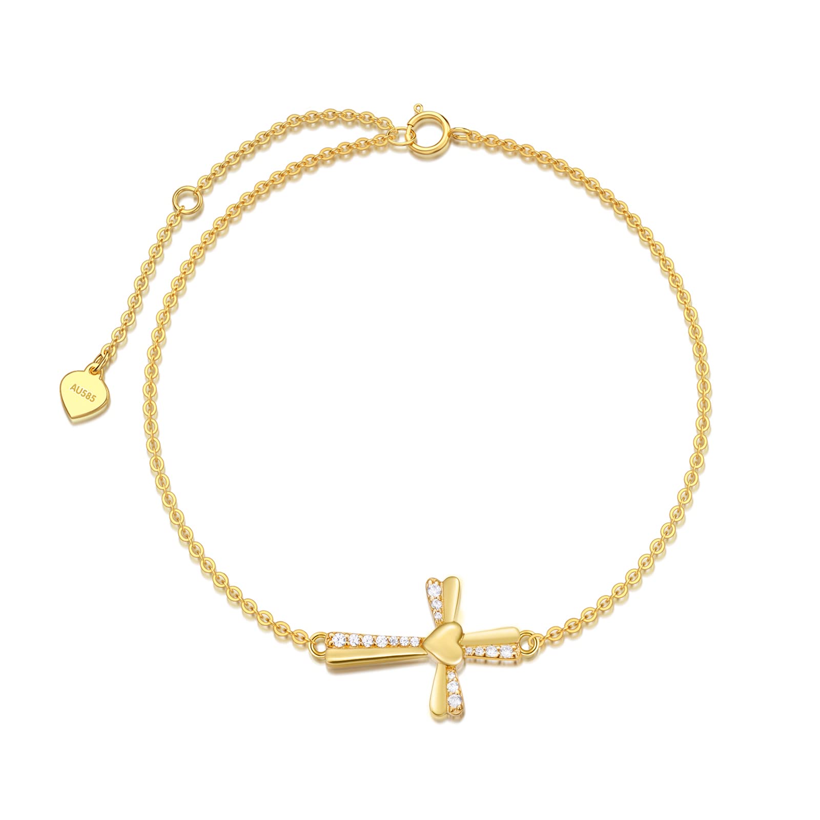 SISGEM 14k Gold Heart Cross Bracelet for Women - Religious Jewelry, Confirmation Gift, Baptism Present, 6.8-8.4 Inch Adjustable - Perfect for Church, Weddings & Special Occasions