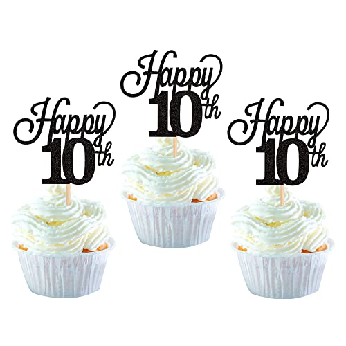 24 Pack Glitter Number 10 Cupcake Toppers - Happy 10th Birthday Cake Decorations, Wedding Anniversary Party Supplies (Black) - Perfect for 10th Birthday Parties, Anniversary Celebrations & Special Occasions
