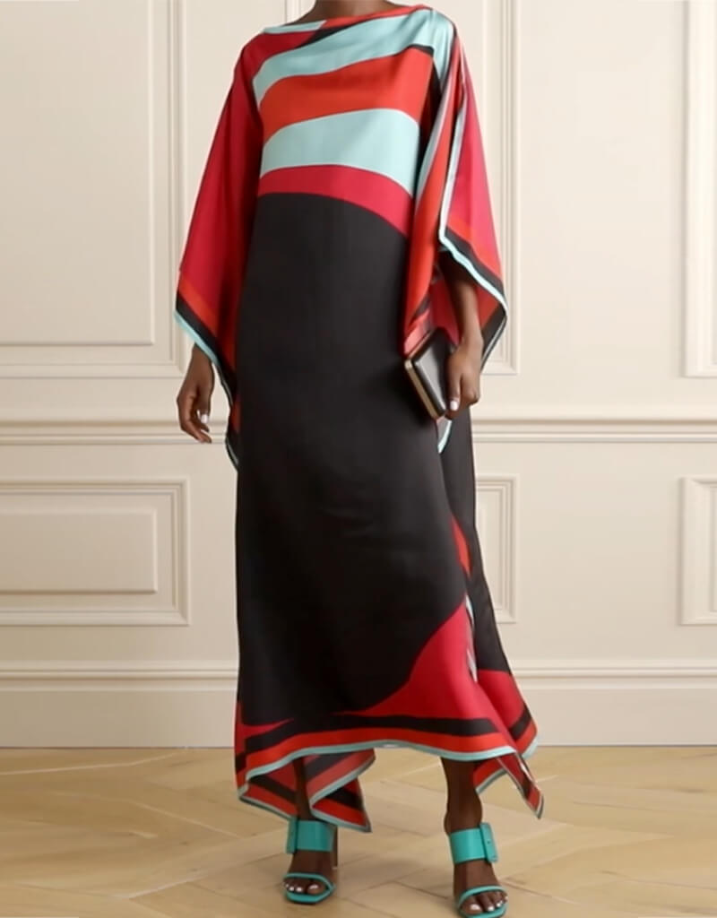 Luxury Black and Red Satin Silk Kaftan Dress for Women - Elegant Loungewear & Beach Cover Up - Perfect for Spa Days, Vacations and Special Occasions