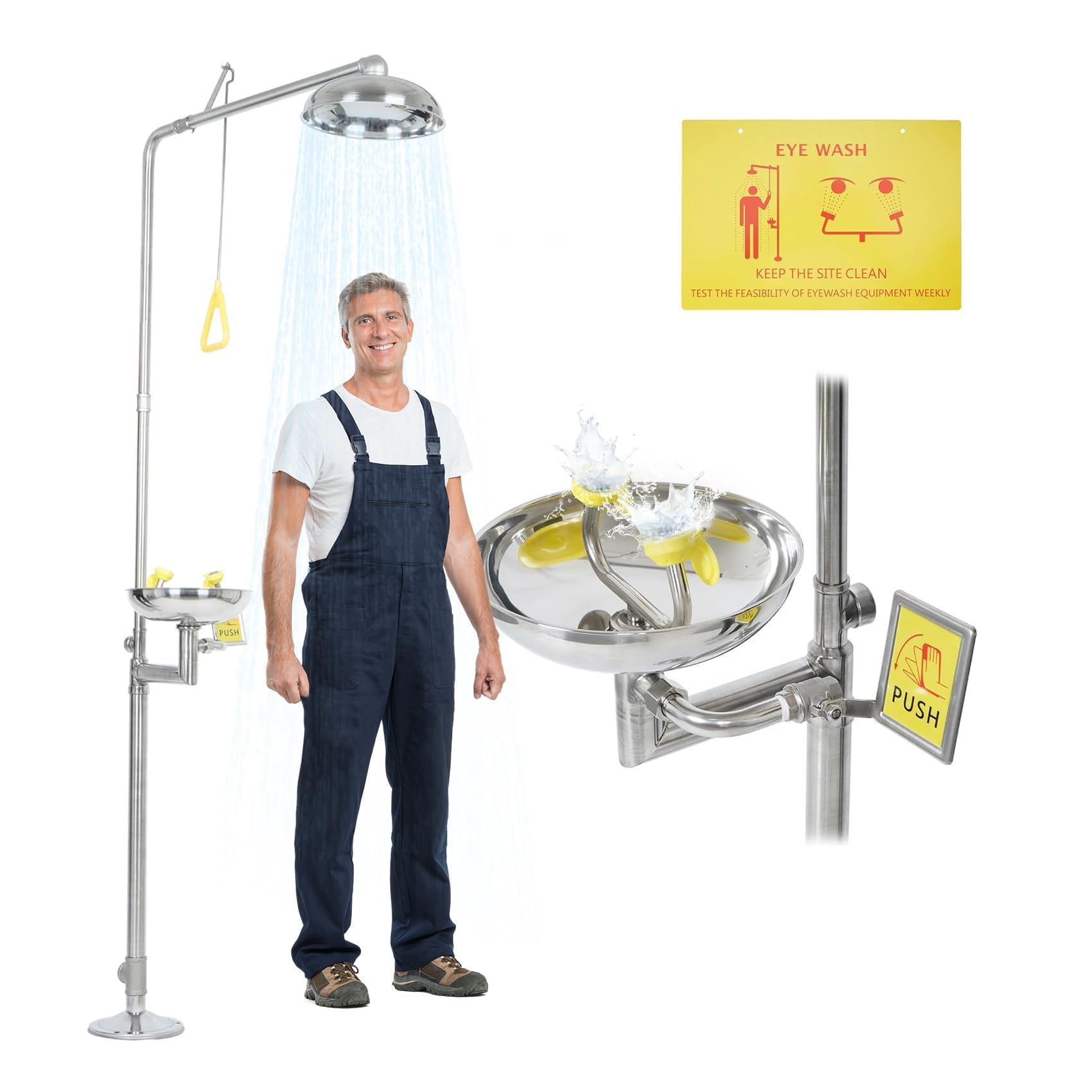 304 Stainless Steel Emergency Shower & Eye Wash Station - 90.55