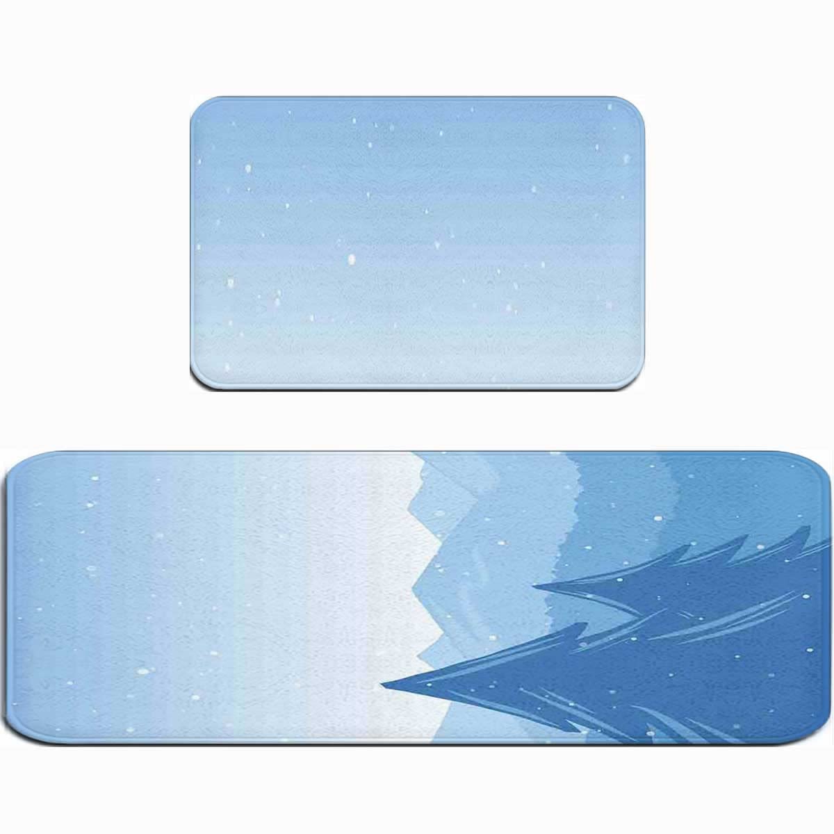 2 Pcs Non-Slip Cushioned Anti-Fatigue Kitchen Floor Mats, Snow Mountains Trees Design, 17.7