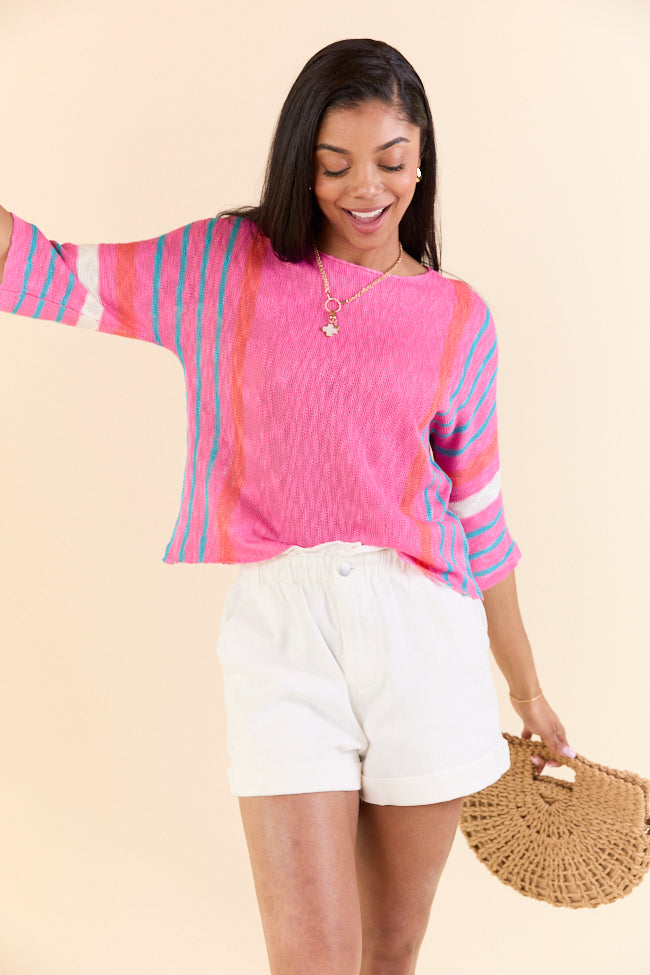 Women's Pink Striped Long Sleeve Sweater - Soft Knit Pullover for Fall & Winter - Perfect for Office, Date Night & Casual Outfits