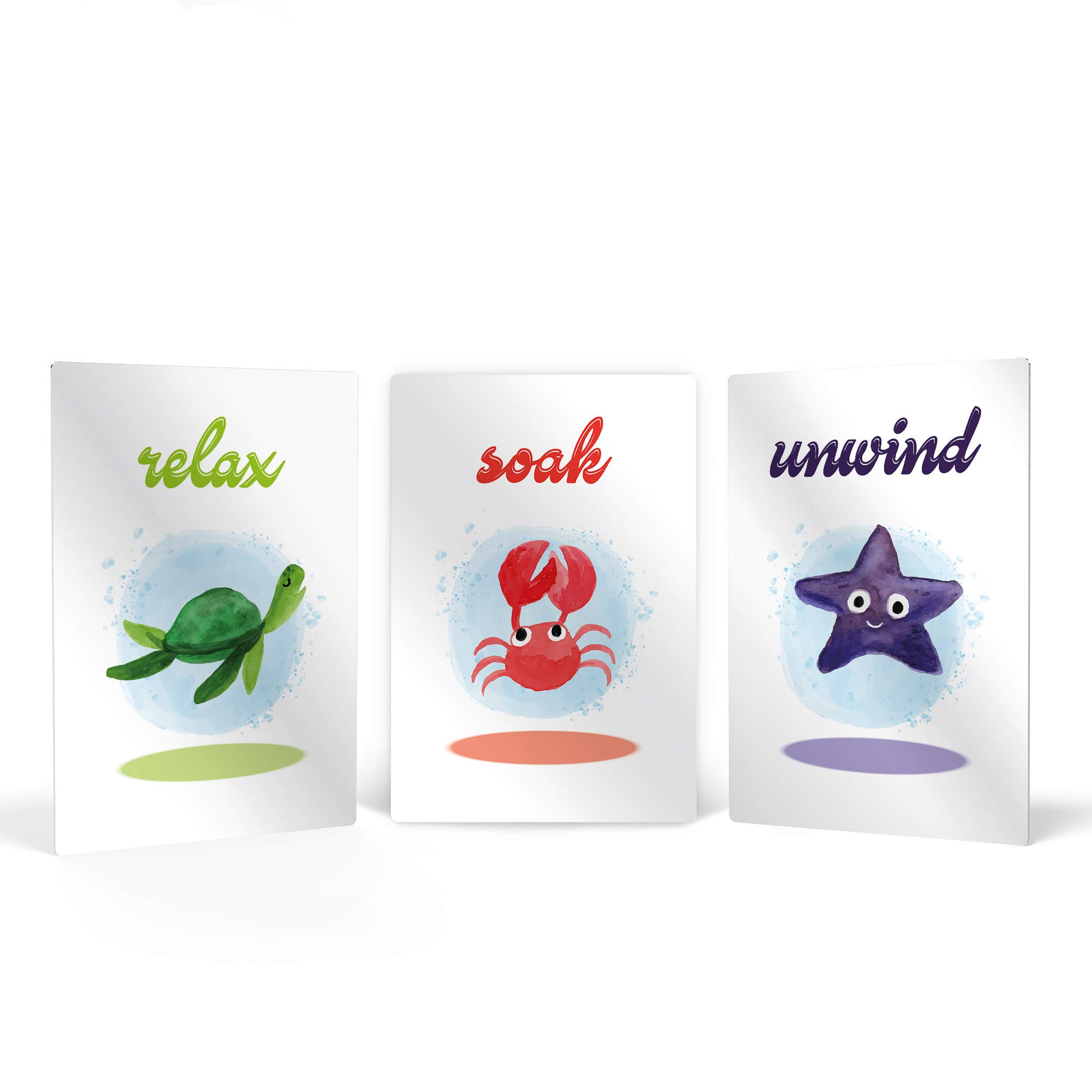 Smile Art Design Relax, Soak, Unwind Quote Bathroom Decor - 3 Piece Metal Print Set with Sea Turtle, Starfish & Crab - Funny Bathroom Signs for Kids - Nursery Wall Art Ready to Hang (17x11 Inches) - Perfect for Coastal Themed Bathrooms, Beach House Decor & Children's Room Wall Decor
