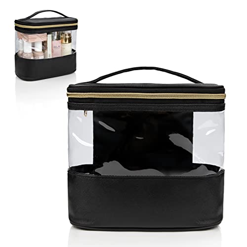 Clear Makeup Bags for Women - Waterproof Travel Cosmetic Organizer with Handle & Mesh Pockets | Plastic Transparent Toiletry Pouch for Cosmetics, Skincare & Essentials (Black) - Perfect for Travel, Gym & Daily Organization