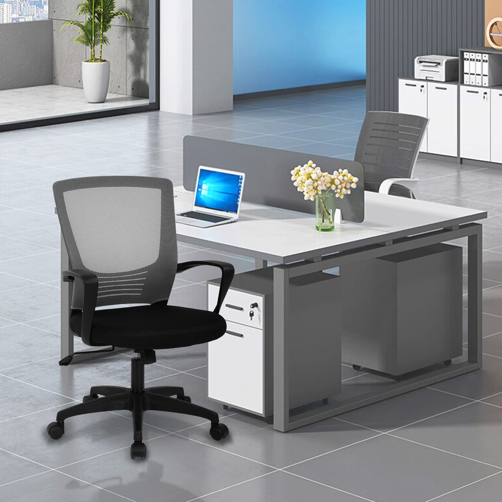 Ergonomic Office Chair with Lumbar Support - Mesh Computer Desk Chair, Mid Back Task Chair with Armrests & Swivel Base - Grey Executive Chair for Home Office, Study & Meetings | Perfect for Long Work Hours & Video Conferencing