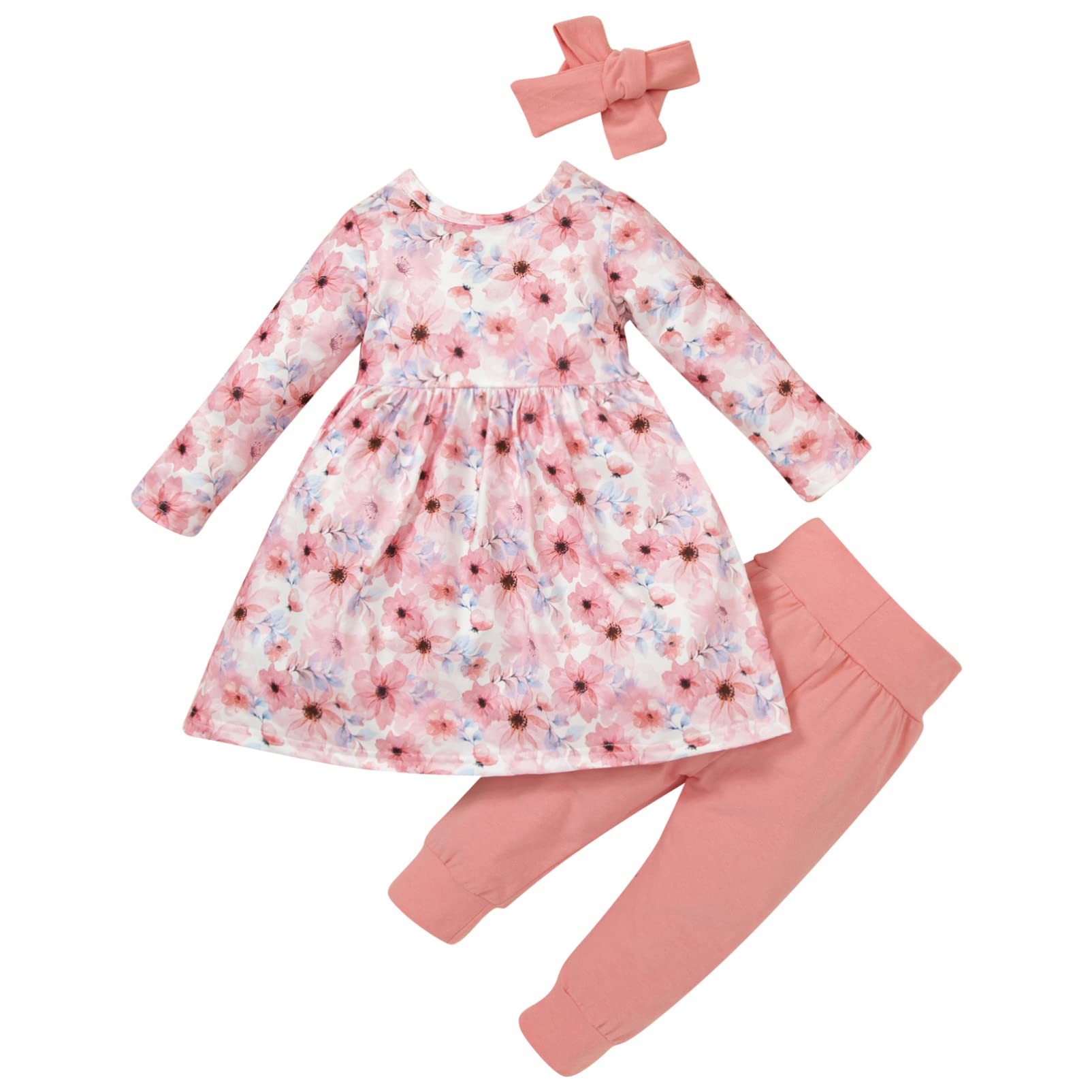 Alvivi Baby Toddler Girls Long Sleeve Floral Print Ruffled Shirt Blouse & Pants & Headband Set - Cute Outfit for Playdates, Parties & Photo Shoots