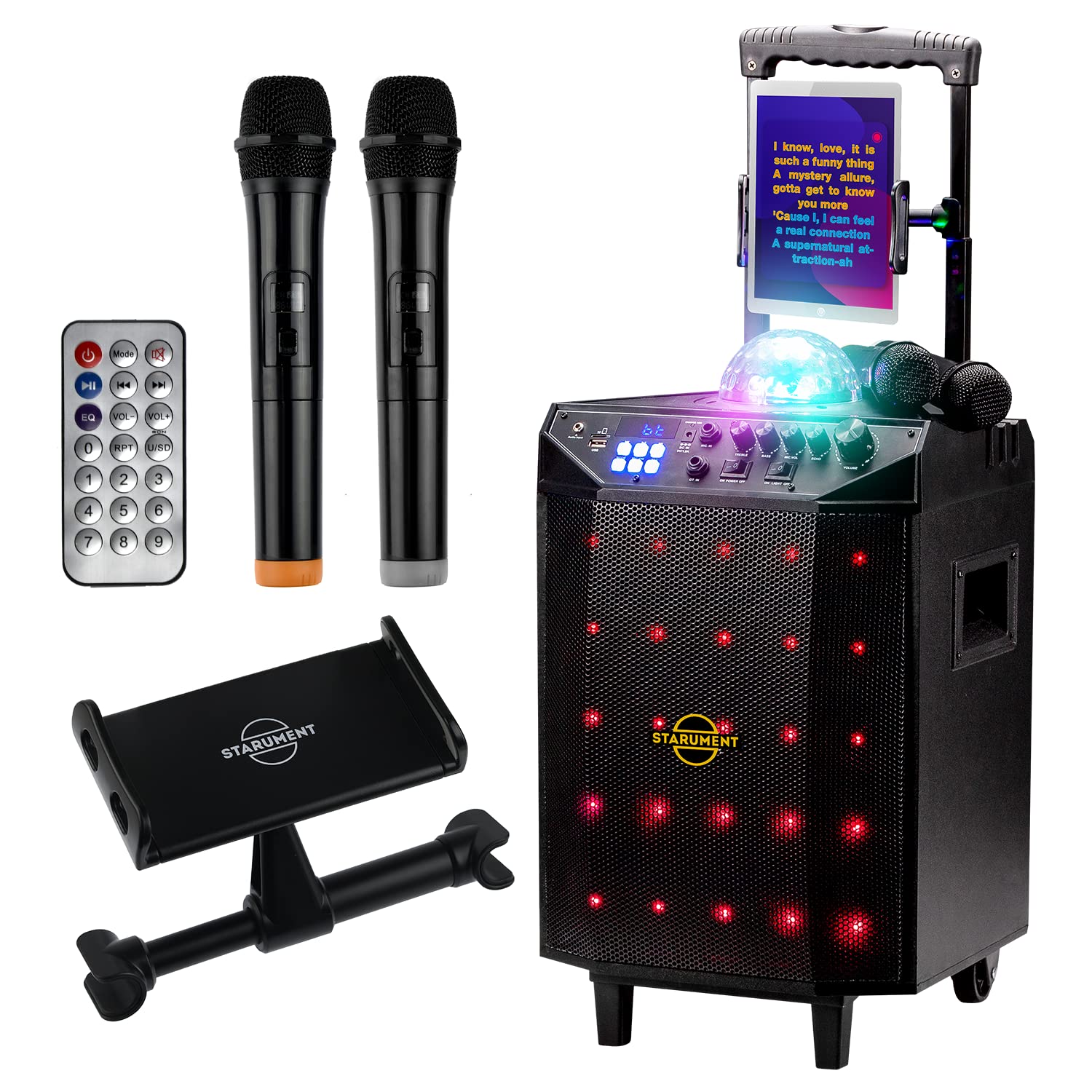 Portable Karaoke Machine with Bluetooth Speakers, 2 Wireless Microphones, Disco Ball & LED Lights - Starument Complete Karaoke System for Adults & Kids - Perfect for Home Parties, Birthday Celebrations & Family Gatherings