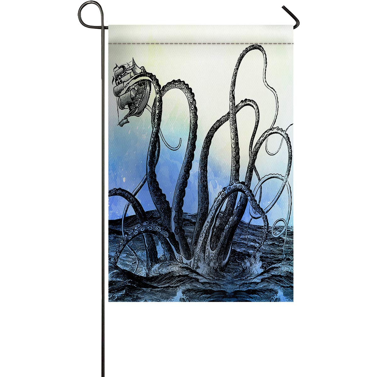Premium Nautical Sea Monster Giant Octopus Pirate Ship Garden Flag - 12 x 18 Inch Weatherproof Outdoor Yard Decor for Patio, Lawn & Garden - Double Stitched Burlap Welcome Flag for Coastal & Pirate Theme Decorations