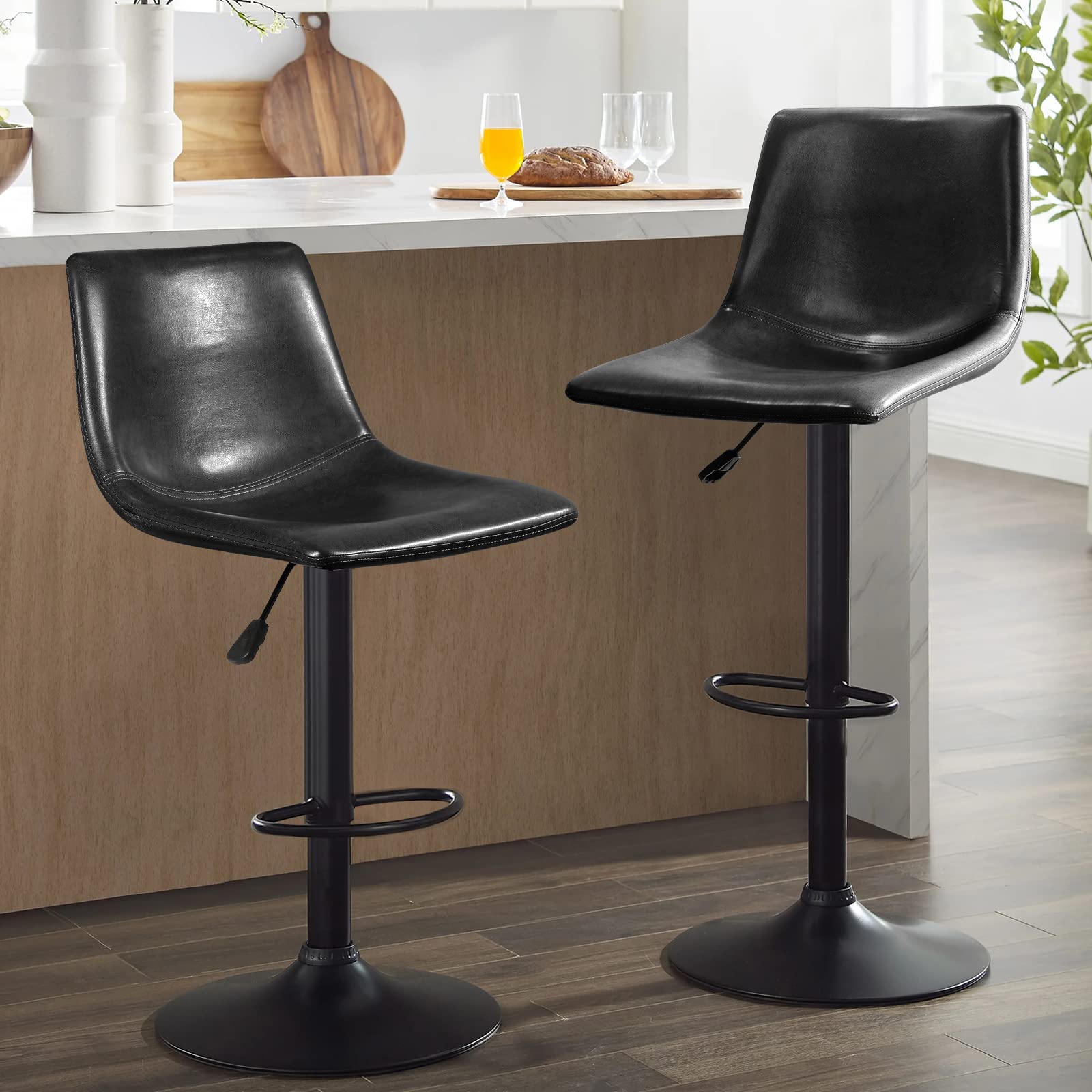 Waleaf Adjustable Swivel Bar Stools Set of 2 - 350 LBS Capacity PU Leather Counter Height Stools with Backrest & Footrest - Perfect for Kitchen Island, Home Bar, Dining Room & Pub Settings