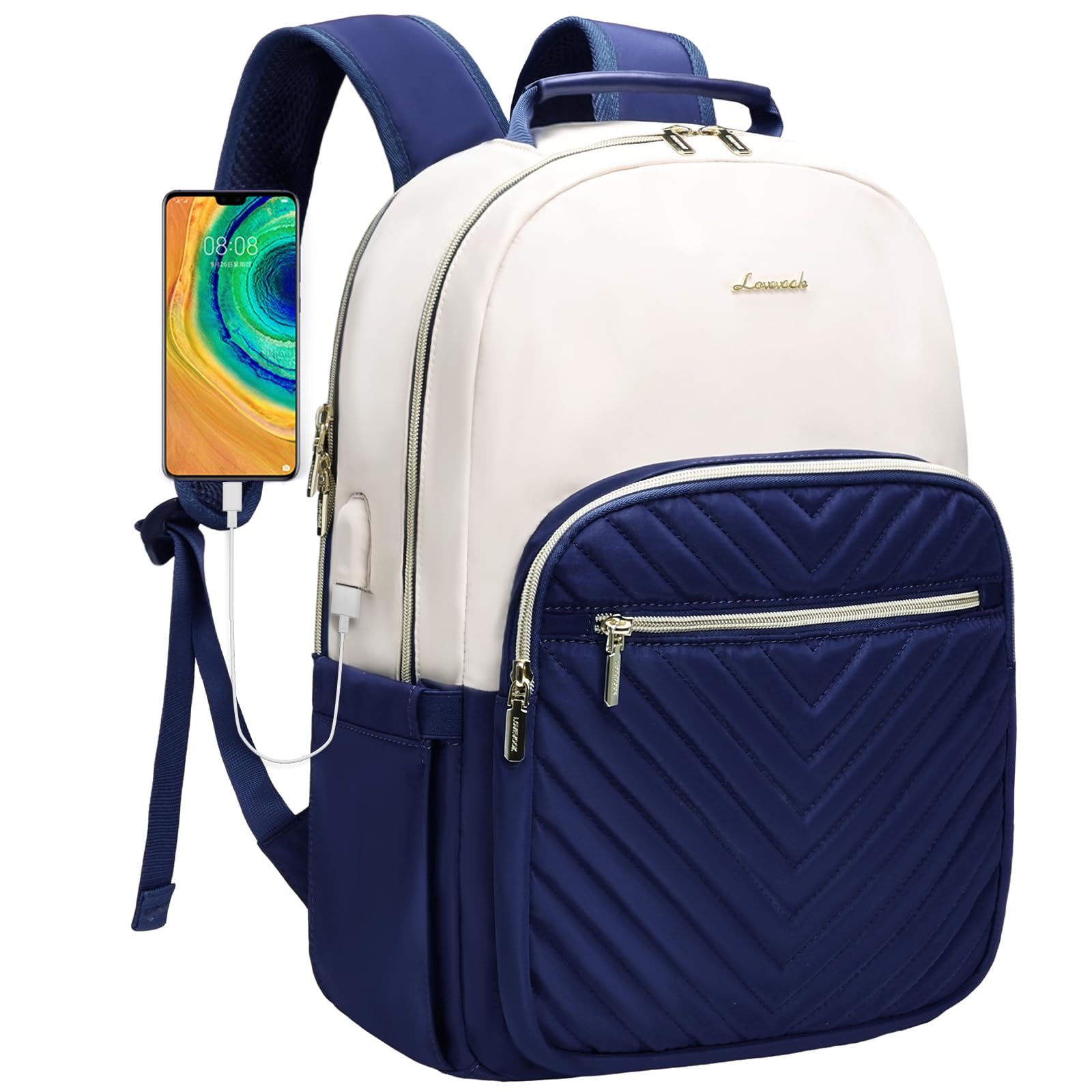 LOVEVOOK Women's 15.6 Inch Laptop Backpack - Stylish Travel & Work Bag, Aesthetic University & Nurse Backpack, College & Sport Daypack, Deep Blue-Beige, Perfect for Commuting, Campus & Business Trips