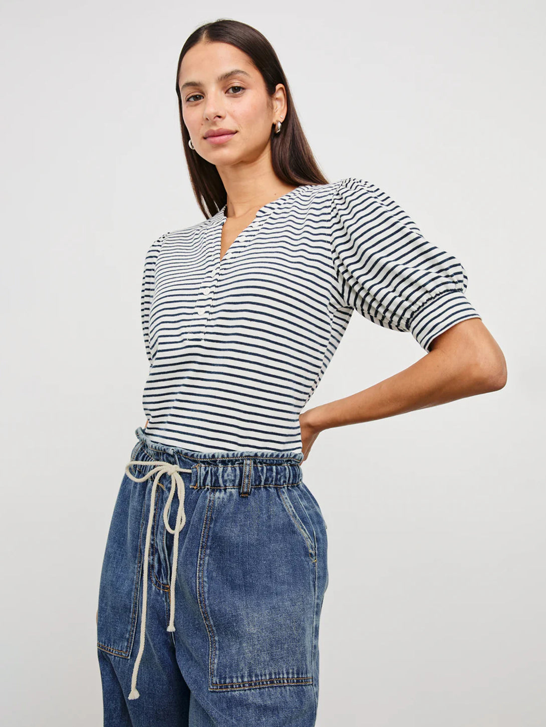 Jewel Top - Ivory & Navy Micro Stripe Women's Blouse | Elegant Casual Wear for Office, Dating & Special Occasions