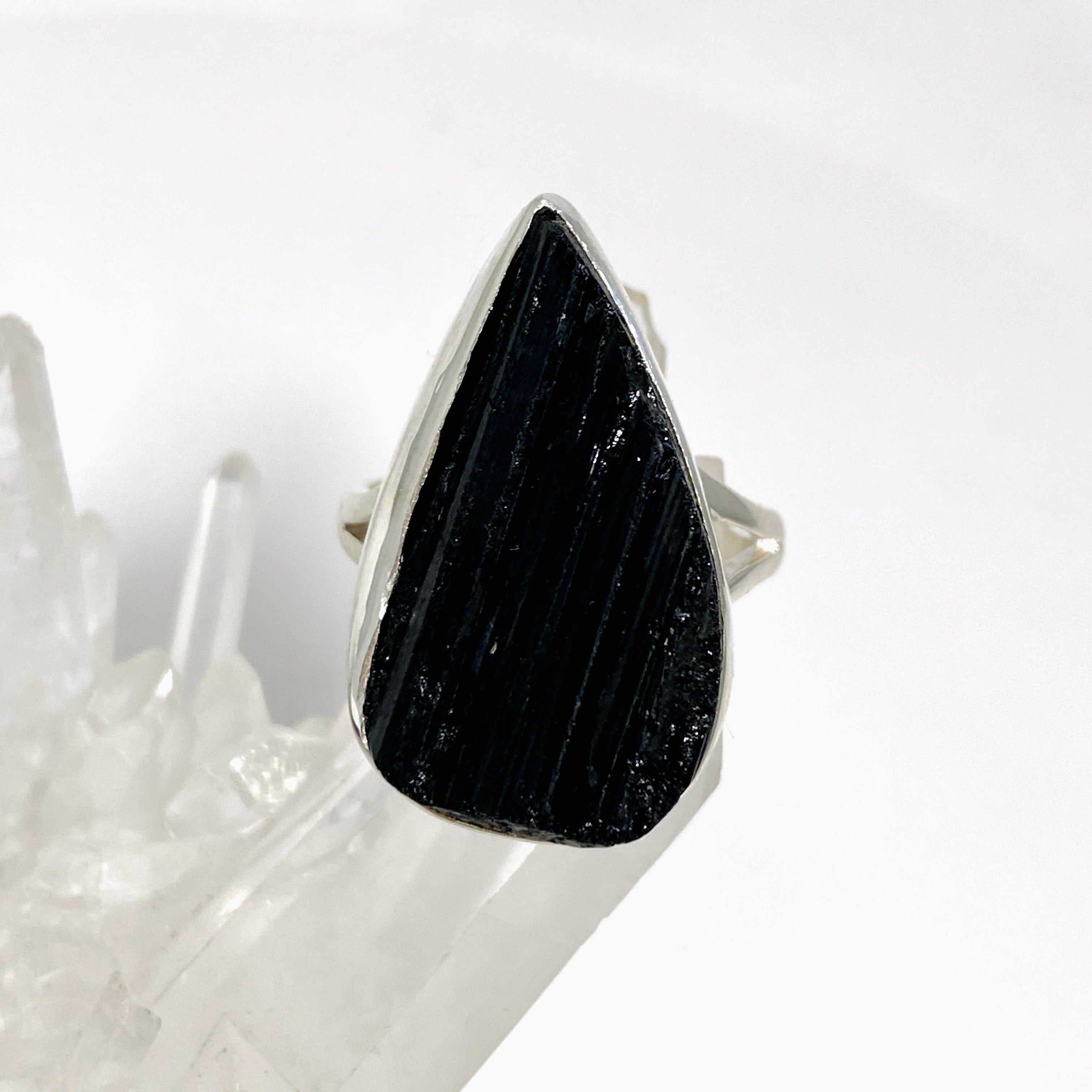 Black Tourmaline Teardrop Raw Split Band Ring - Size 10 - Natural Gemstone Jewelry for Women - KRGJ3276 - Perfect for Healing, Protection & Spiritual Energy in Daily Wear