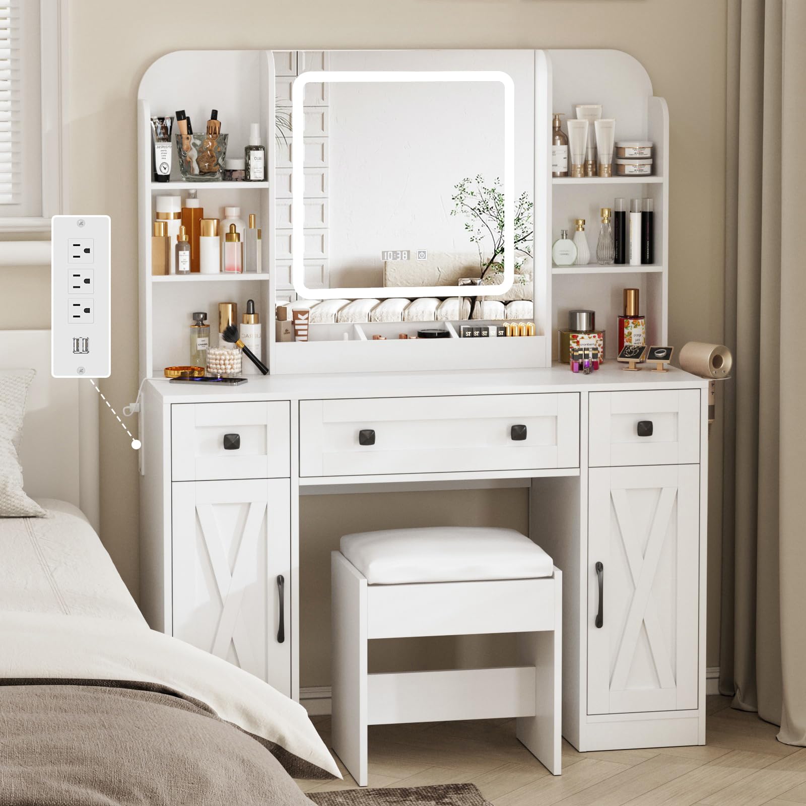 Vabches White Makeup Vanity Desk Set with LED Mirror, 3 Drawers & 2 Cabinets - Adjustable Lighting Modes, Time/Temperature Display - Perfect for Bedroom, Dressing Room & Beauty Salon Organization