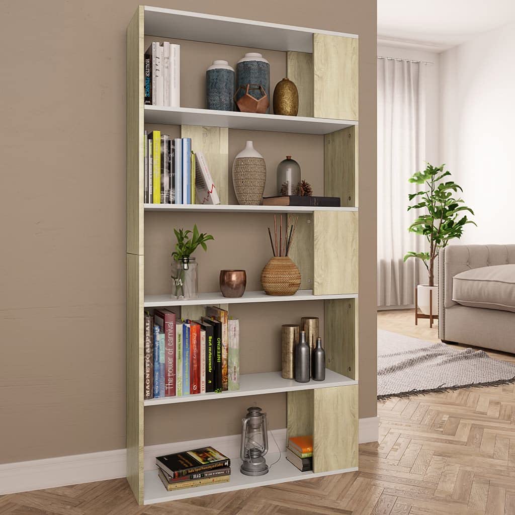 iFCOW 5-Tier Tall Bookcase Shelf - Room Divider & Storage Organizer for Bedroom, Living Room, Home Office - Decorative Book Display in White & Sonoma Oak (31.5