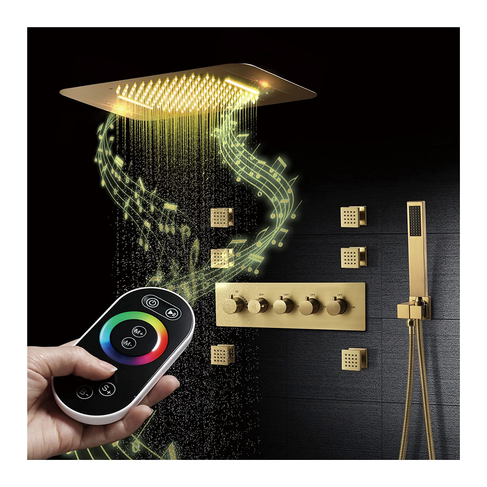 LUNEZY 64-Color LED Brushed Gold Thermostatic Shower Combo Set - Rainfall Shower Head, Handheld Shower & Body Jets for Luxury Bathroom Spa Experience | Perfect for Modern Home, Hotel & Relaxing Shower Therapy