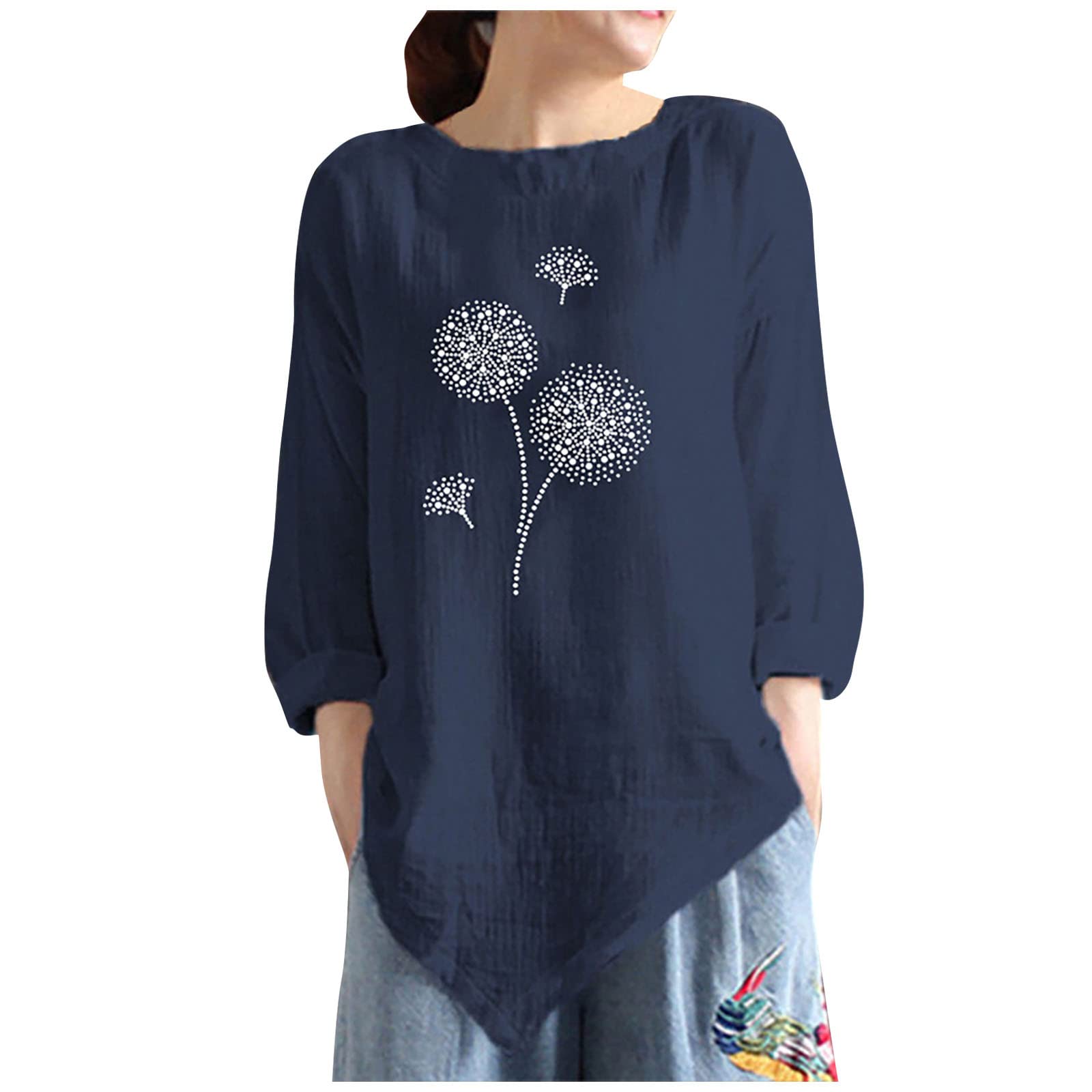 Women's Casual Long Sleeve T-Shirt - Dandelion Print Round Neck Cotton Linen Blouse with Asymmetrical Hem | Perfect for Spring Outfits, Office Wear & Weekend Relaxation
