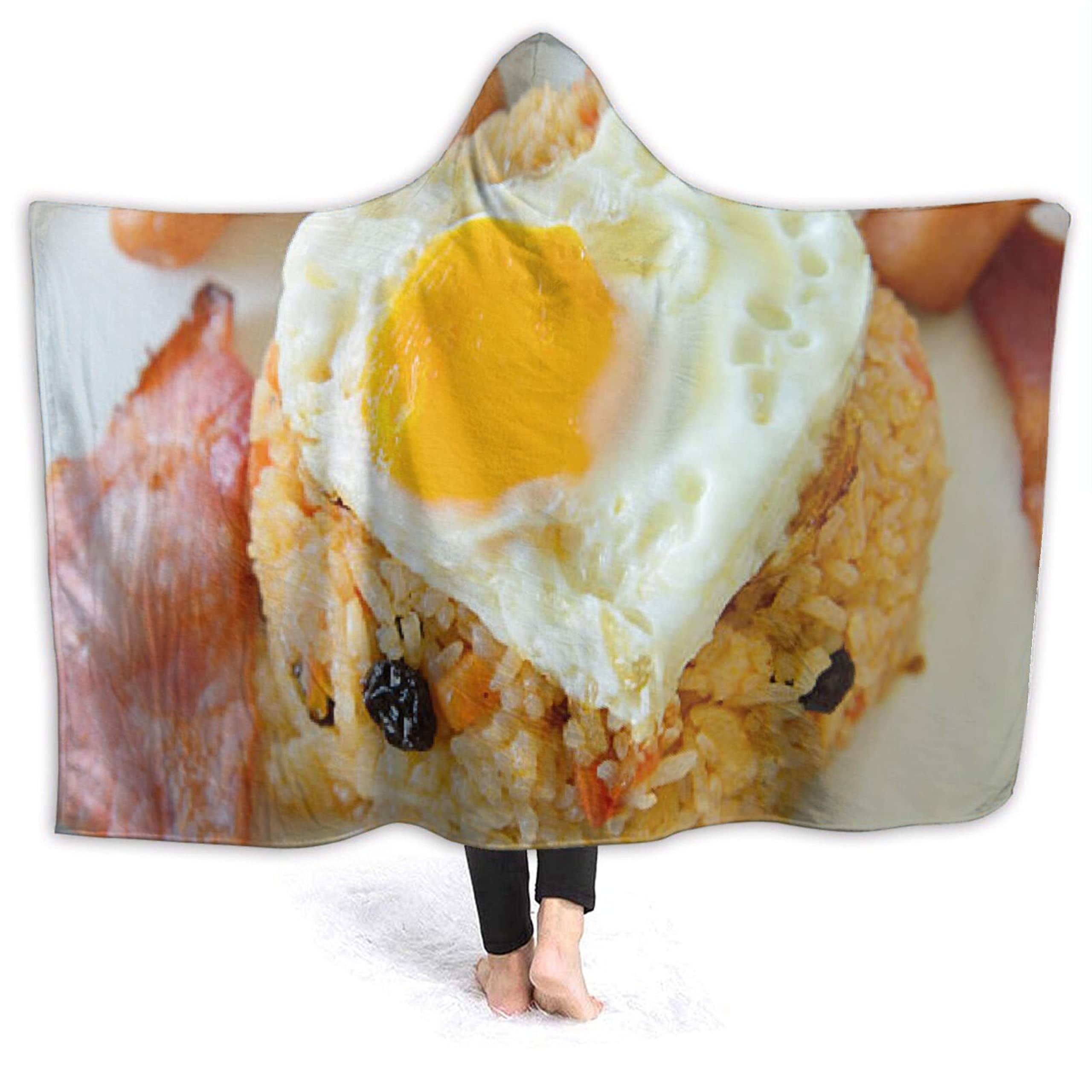 Egg and Sausage Hooded Blanket - Soft Flannel Wearable Poncho for Adults & Kids - Funny Novelty Cozy Throw Blanket 60x50 inches - Perfect for Bed, Sofa, Couch & Travel - Realistic Food Design for Teens & Family Movie Nights