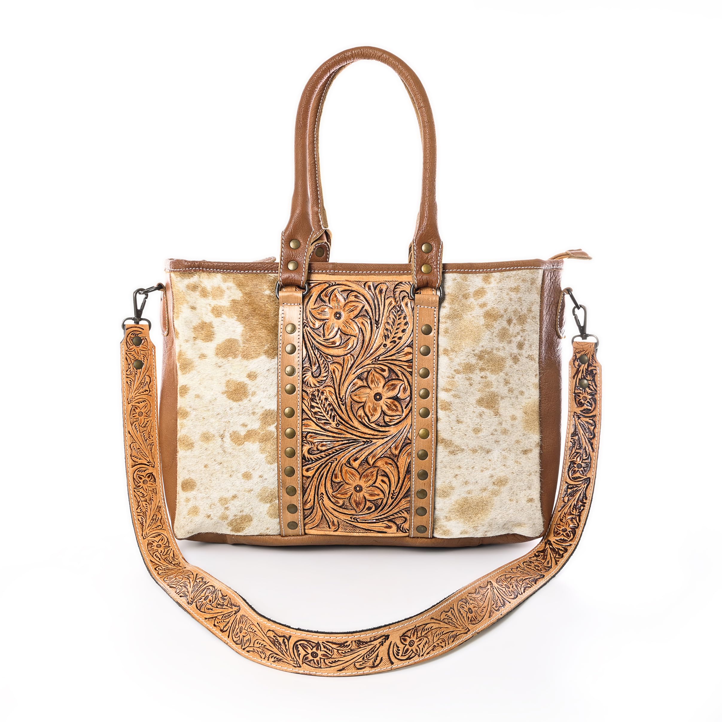 Western Cowhide Leather Tote Bag for Women with Adjustable Tooled Shoulder Strap - Stylish Handmade Leather Purse for Work, Travel & Everyday Use