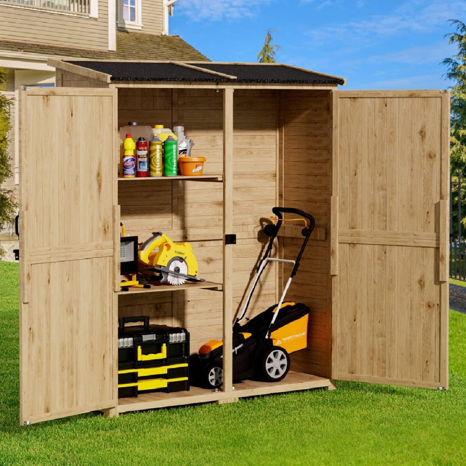 **Gizoon Outdoor Storage Cabinet with Waterproof Roof - Double Lockable Doors, 2 Removable Shelves, Large Wooden Garden Shed for Patio, Backyard, Lawn - Perfect for Storing Tools, Cushions & Outdoor Gear**