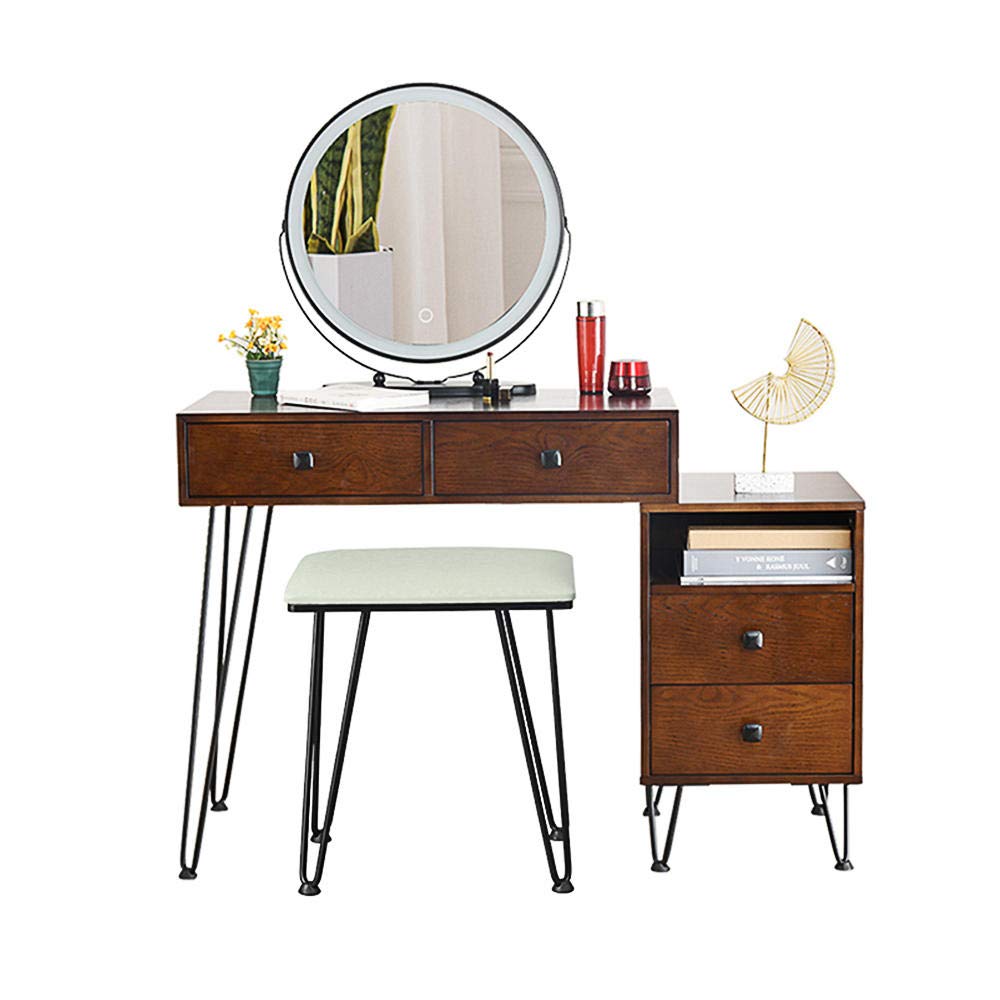 Modern Vanity Mirror with LED Lights & Makeup Table Set - 3-Color Adjustable Lighting, Solid Wood Dresser with Storage Cabinet (Brown) - Perfect for Bedroom, Dressing Room & Makeup Studio