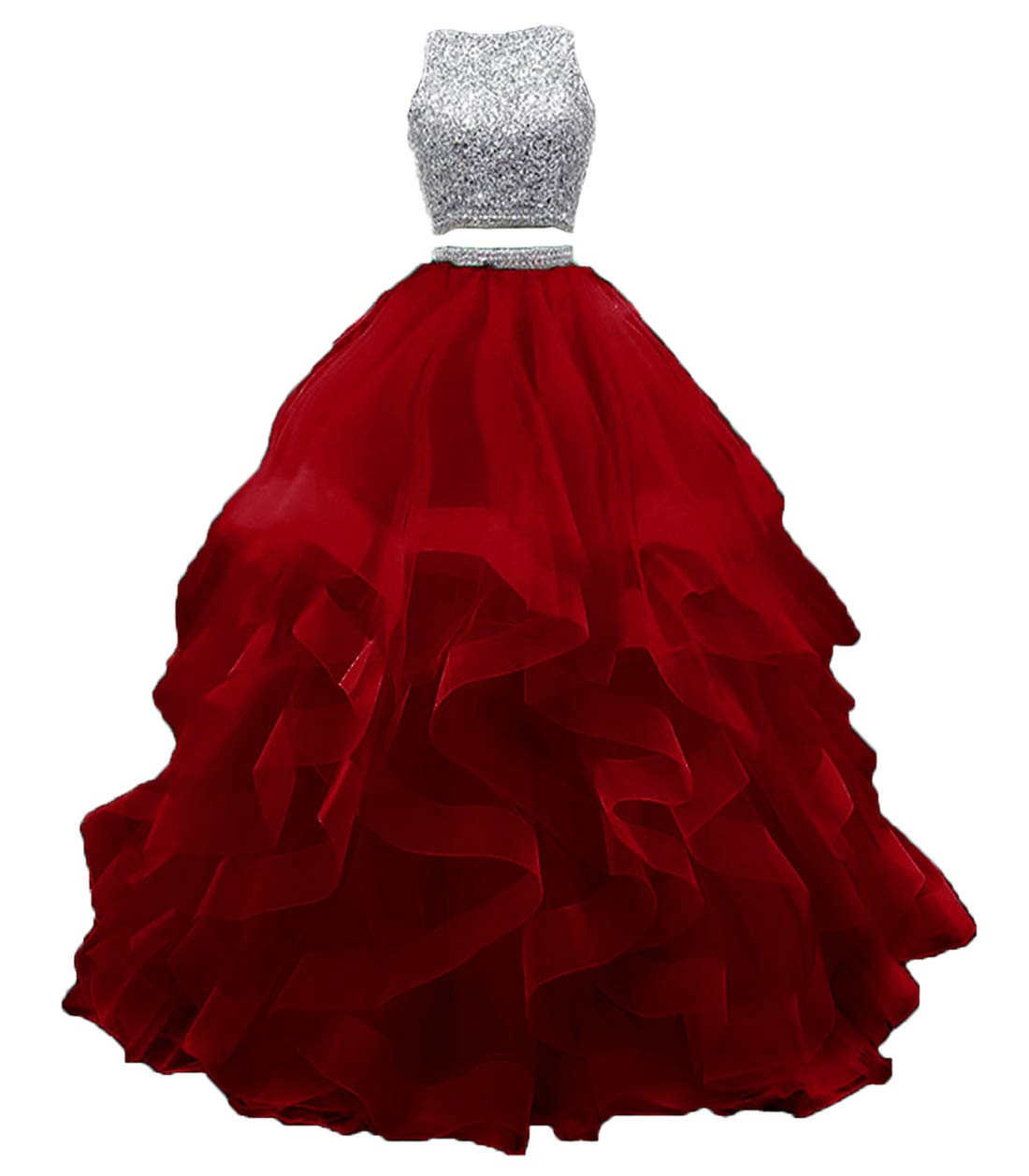 KaBuNi 2 Piece Prom Dress Long Beaded Quinceanera Dress - Elegant Layered Ruffle Tulle Sweet 16 Ball Gown for Homecoming, Wedding, Pageant & Formal Events