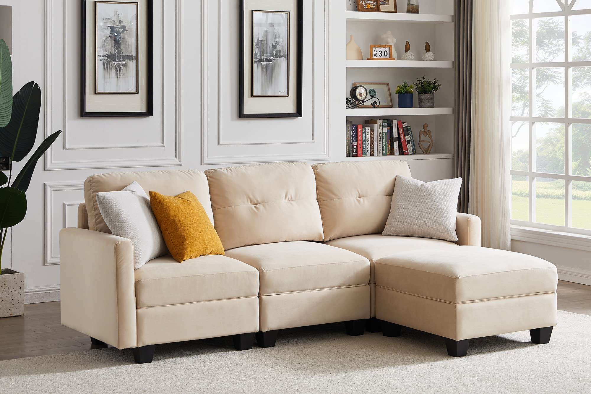 HOMMOO Modern L-Shaped Velvet Sectional Sofa with Storage & Ottoman - Reversible Modular Couch for Living Room, Beige | Comfortable Seating for Small Spaces & Family Gatherings
