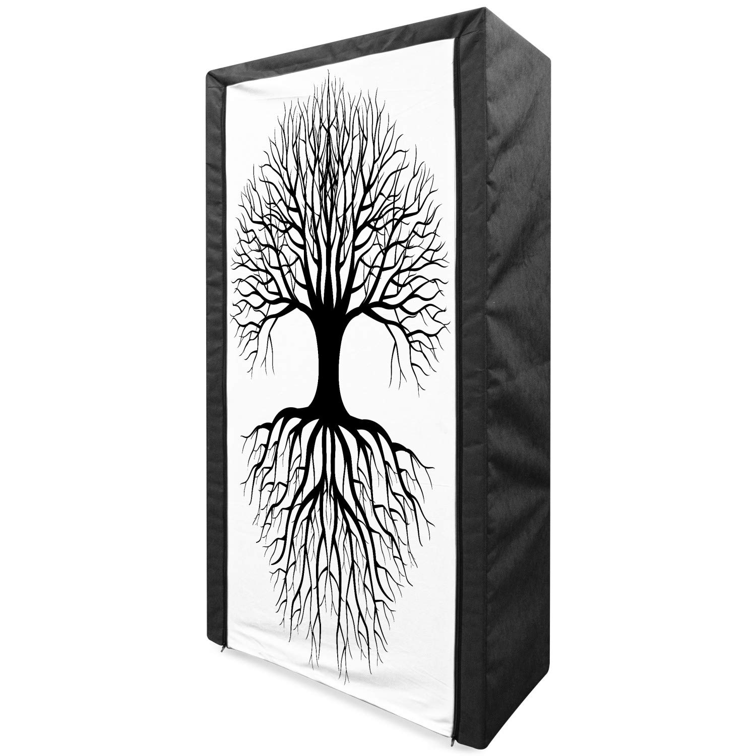 Ambesonne Tree of Life Portable Fabric Wardrobe - Black & White Monochrome Plant Silhouette Design with Roots & Branches - 33.5 Inch Clothing Organizer with Shelves for Bedroom, Closet & Dorm Storage