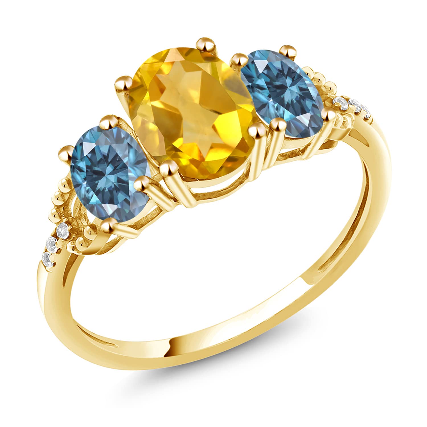 Gem Stone King 10K Yellow Gold 3-Stone Ring with Oval Yellow Citrine & Vivid Persian Blue Created Moissanite (2.24 Cttw) - Perfect for Engagement, Anniversary, and Special Occasions
