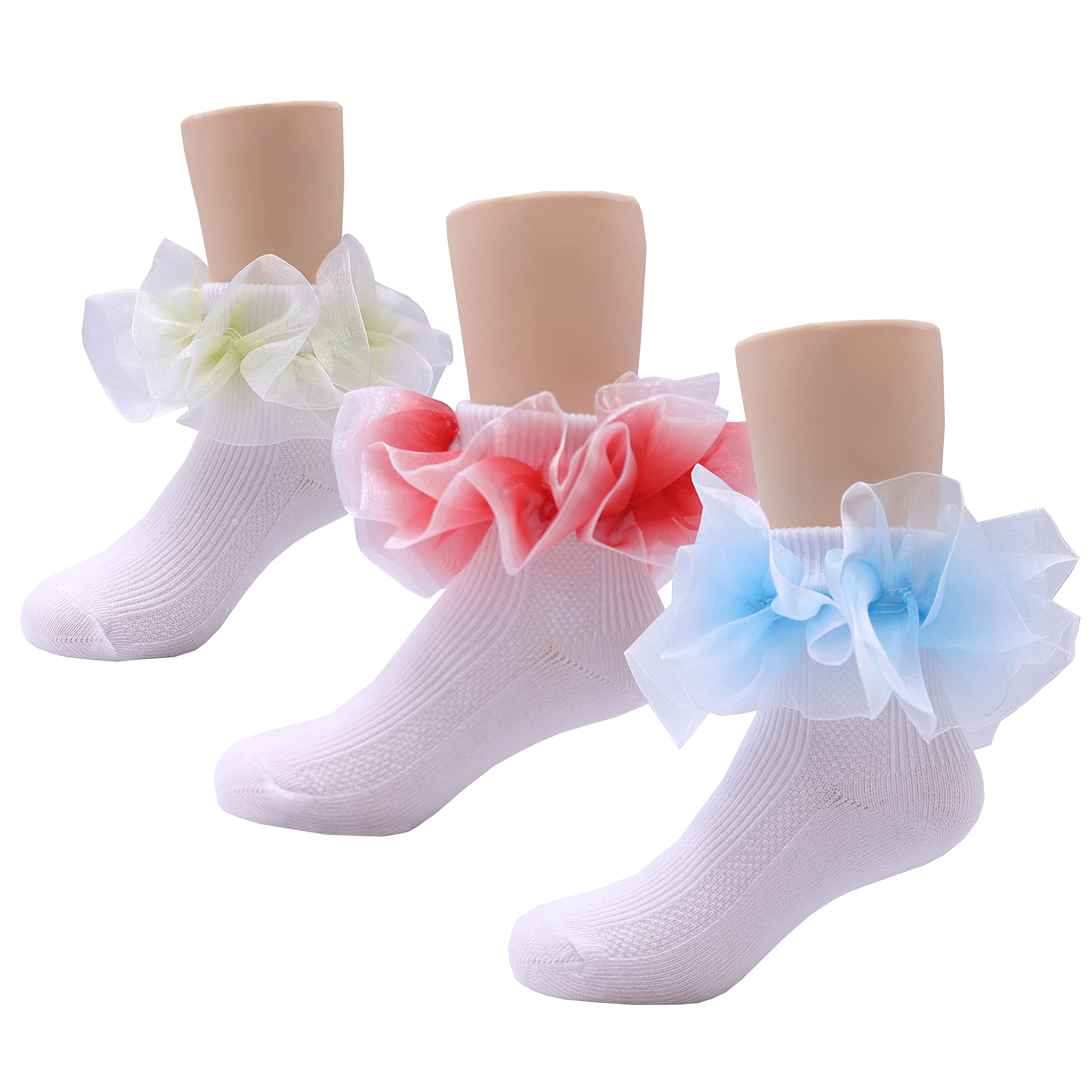 Xiyadun Toddler Girls' Lace Ankle Socks - 2-Layer Frilly Turn Cuff Cotton Dress Socks for Little Girls Age 1-7 Years - Perfect for Parties, Dresses, and Special Occasions