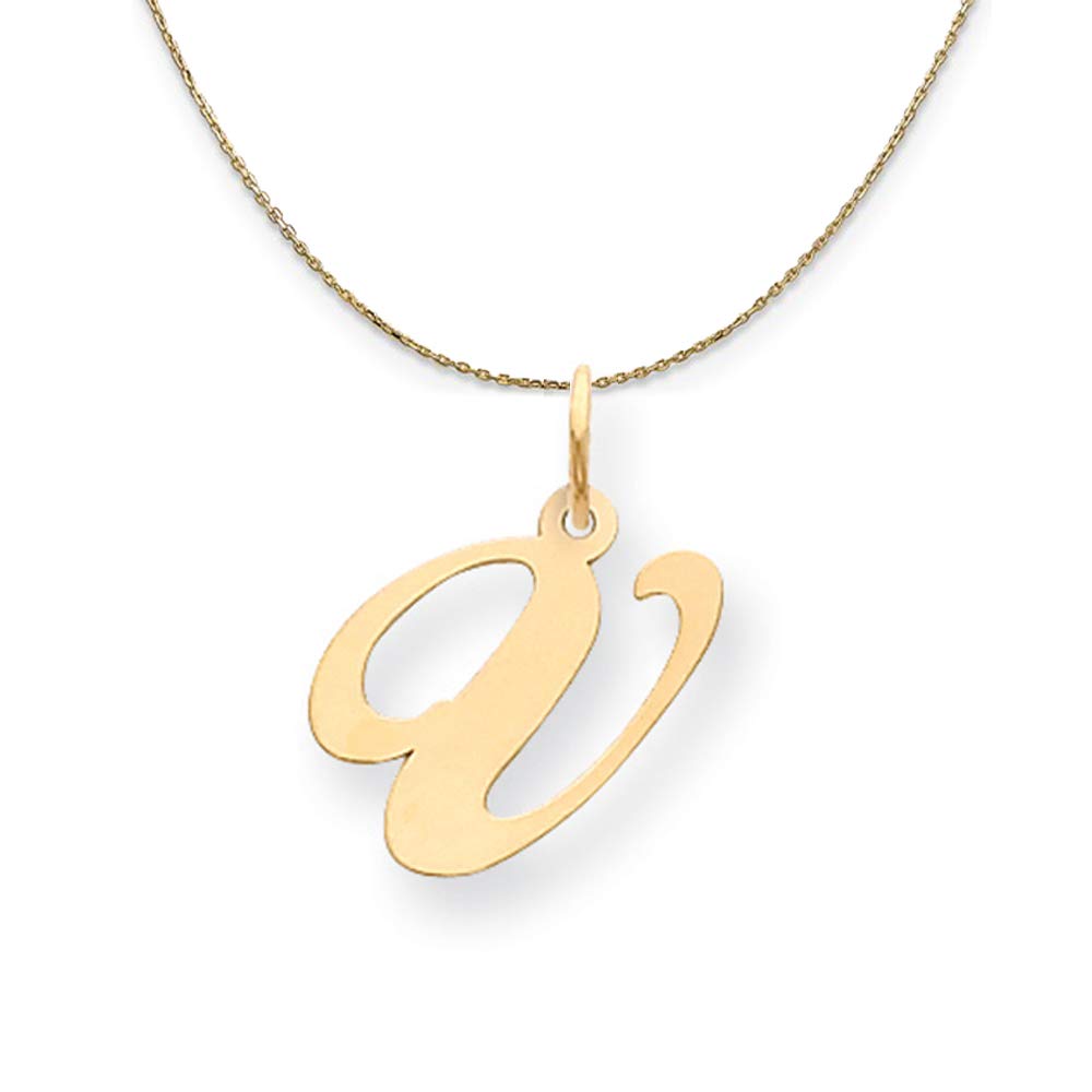 Black Bow Jewelry 14k Yellow Gold Ella Med Fancy Script Initial V Necklace - Perfect for Everyday Wear, Gifts, and Special Occasions