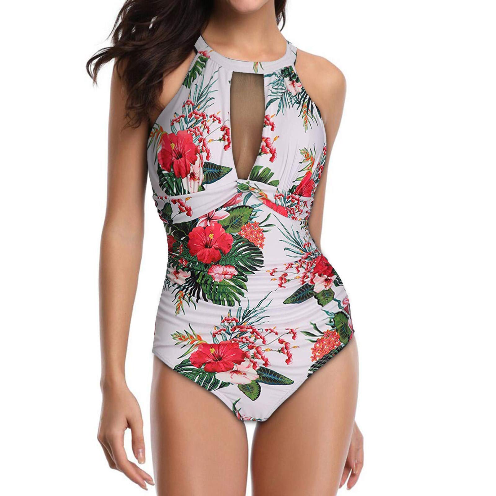 One Shoulder Swimsuits for Women - Floral Print Ruching Mesh Swimsuit with High Neckline | Beach Vacation, Pool Party, Summer Getaway