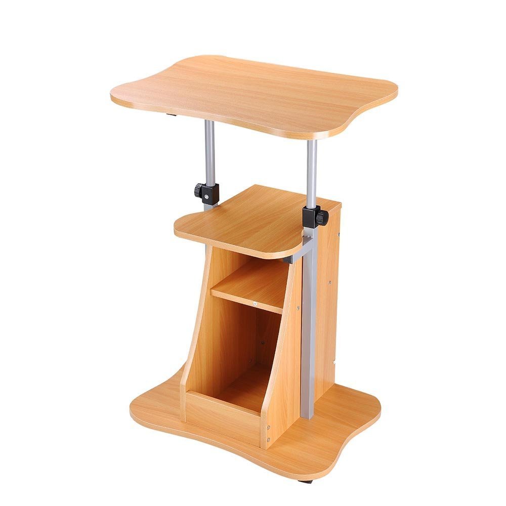 Adjustable Rolling Laptop Stand with Storage Shelf - Mobile Standing Desk for Home & Office - Beech Wood Lectern for Notebooks, Workstations & Presentations