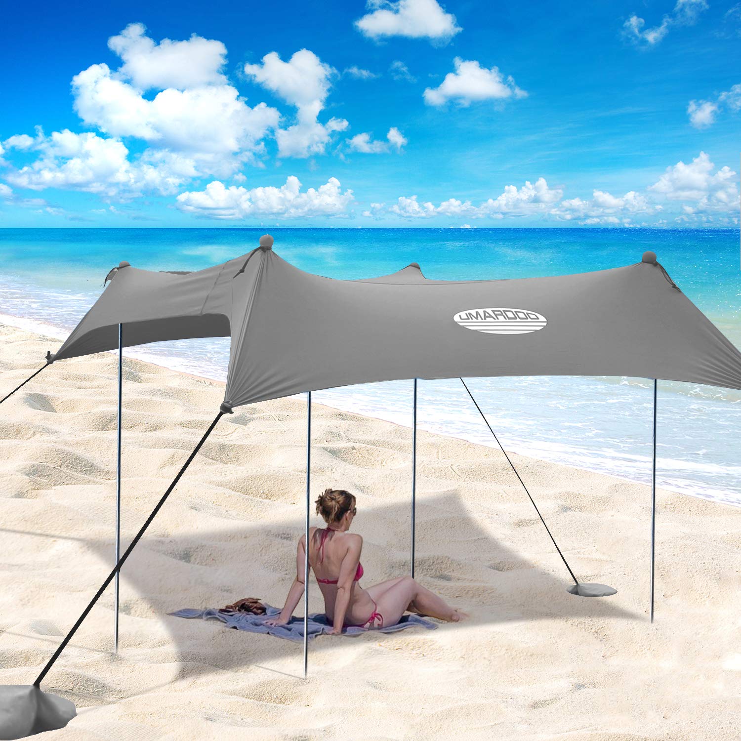UMARDOO Pop Up Beach Tent Sun Shade 10x9 FT - Portable Family Beach Shelter with 4 Aluminum Poles & Carry Bag (Gray) - Perfect for Beach, Camping, Picnics & Outdoor Activities
