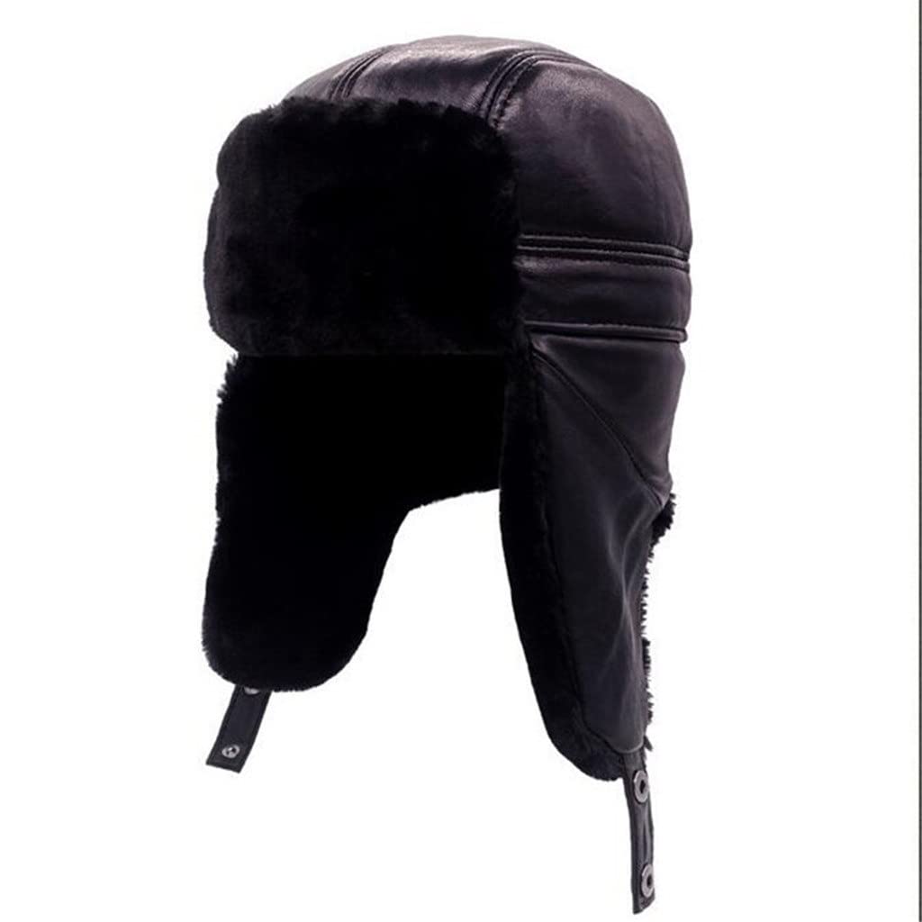Premium Genuine Leather Bomber Hat for Men - Winter Thicken Plus Velvet Lining Warm Cap for Middle Aged & Elderly - Outdoor Cold Weather Accessory (Black, 2XL) - Ideal for Skiing, Hiking & Daily Winter Wear
