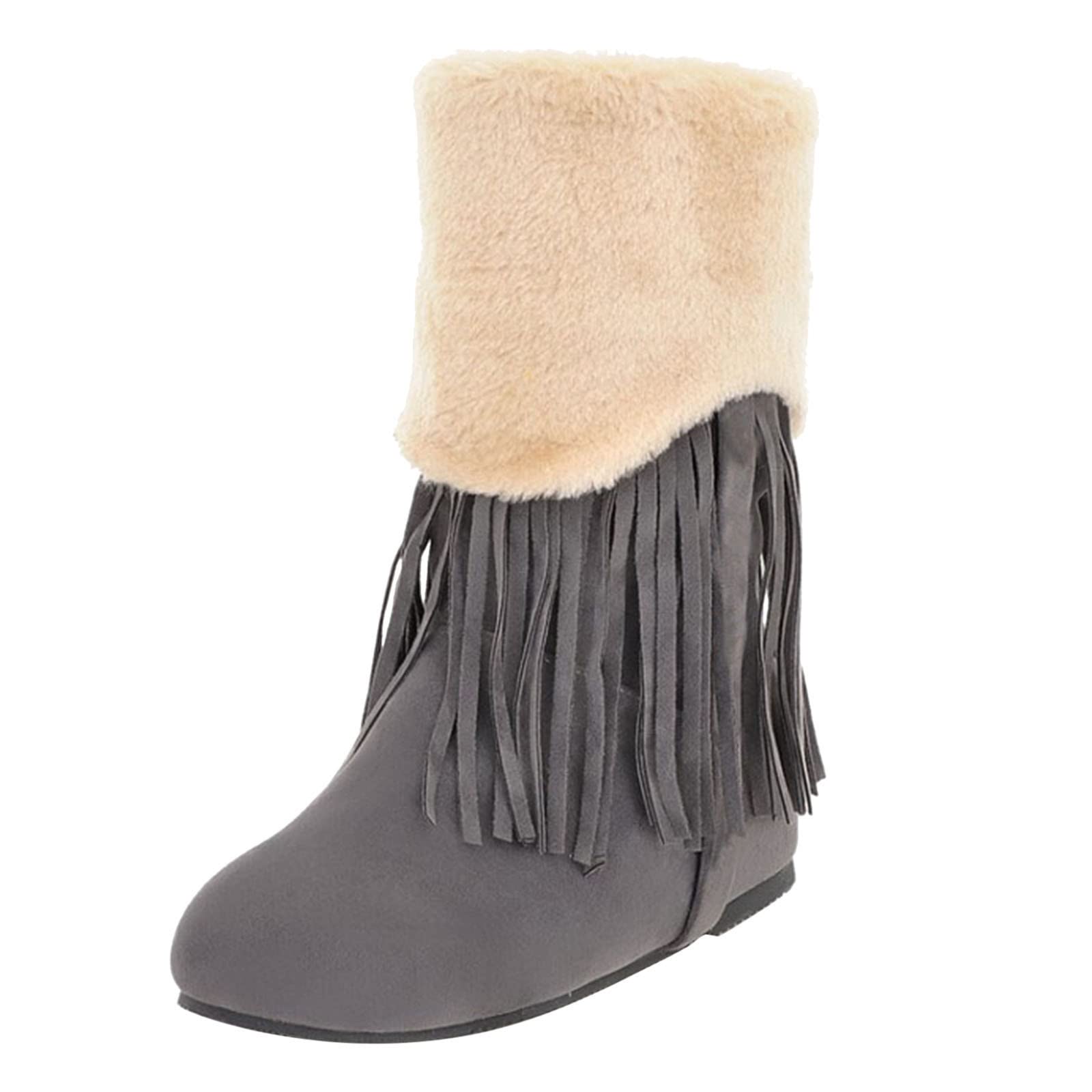 Women's Waterproof Insulated Snow Boots - Non-Slip Winter Boots with Folded Fur & Fringe Details | Warm Retro Ankle Boots with Cotton Tassels | Slip-On Mid-Calf Boots in Grey | Perfect for Snowy Days, Winter Hiking & Cold Weather Fashion