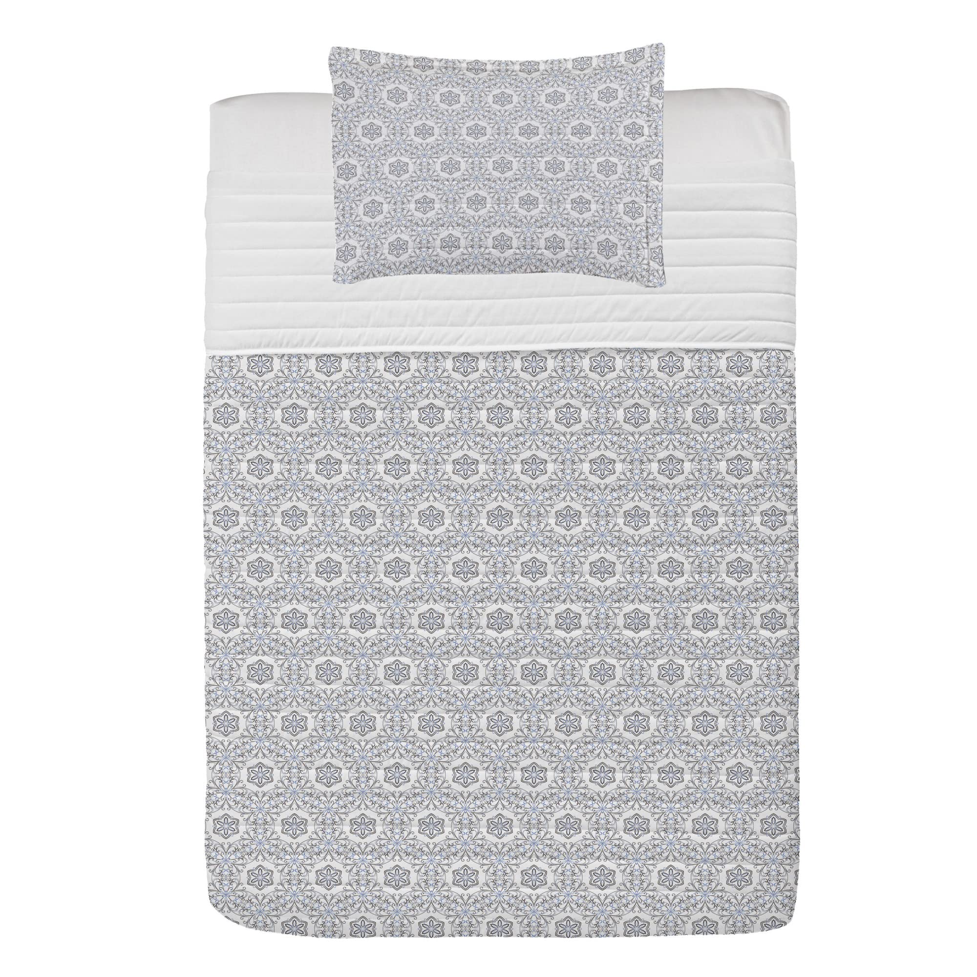 Ambesonne Floral Microfiber Bedspread Set - Modern Scroll Leaf Pattern Abstract Mosaic Design, Soft Twin Size Comforter with Pillow Sham in Black Blue & White | Perfect for Bedroom Decor, Guest Room & Cozy Home Styling