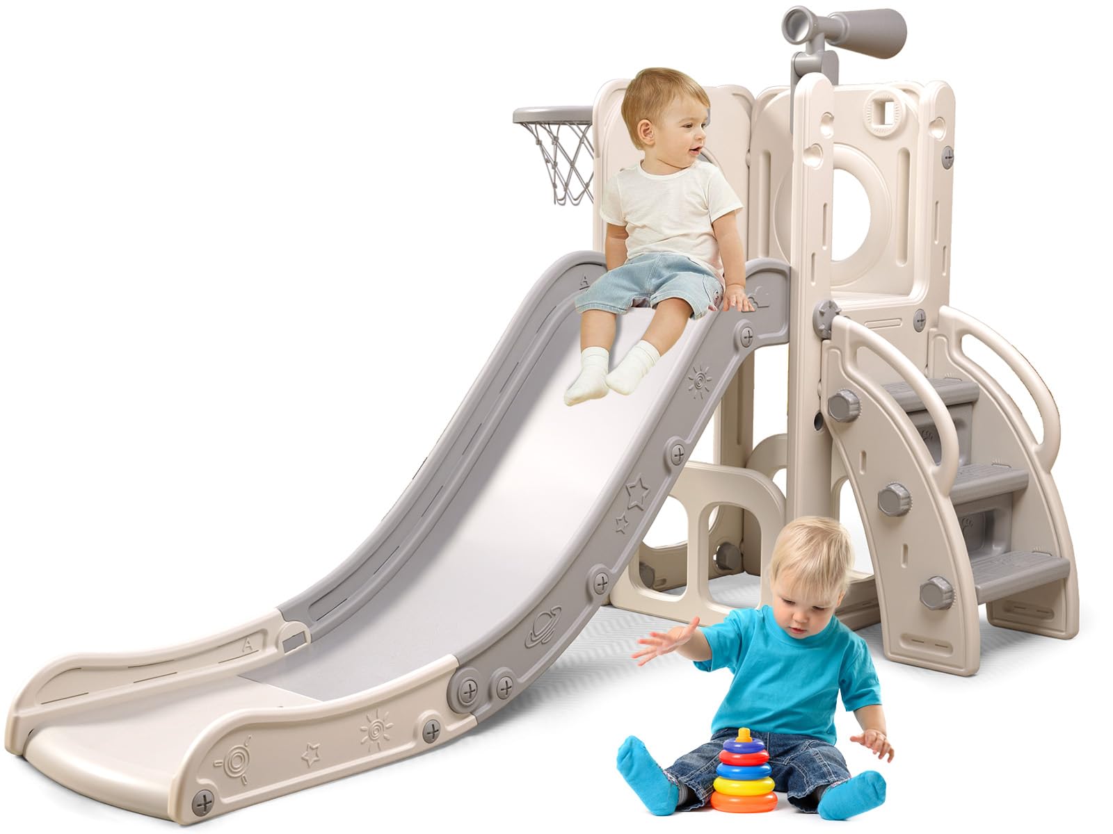 6-in-1 Toddler Playset with Slide, Basketball Hoop & Ring Toss - Indoor/Outdoor Kids Playground Toy for Ages 1-3 Years - Perfect for Backyard, Playroom & Preschool Activities (White & Grey)