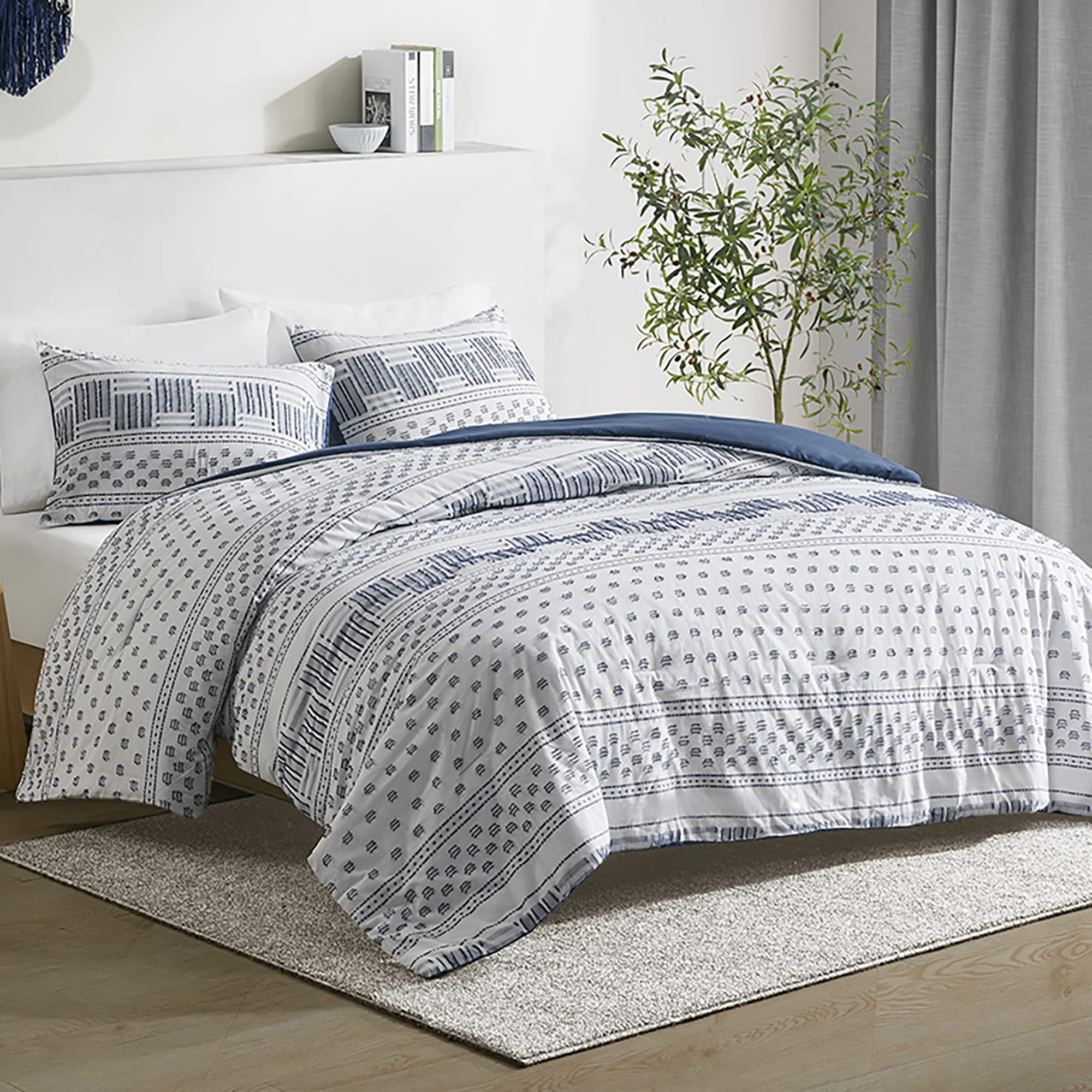 Hyde Lane Modern Navy Blue King/Cal King Farmhouse Comforter Set - 100% Cotton Boho Style Jacquard Striped Bedding with Matching Pillow Shams (104x90 inches) - Perfect for Master Bedroom, Guest Room & Farmhouse Decor